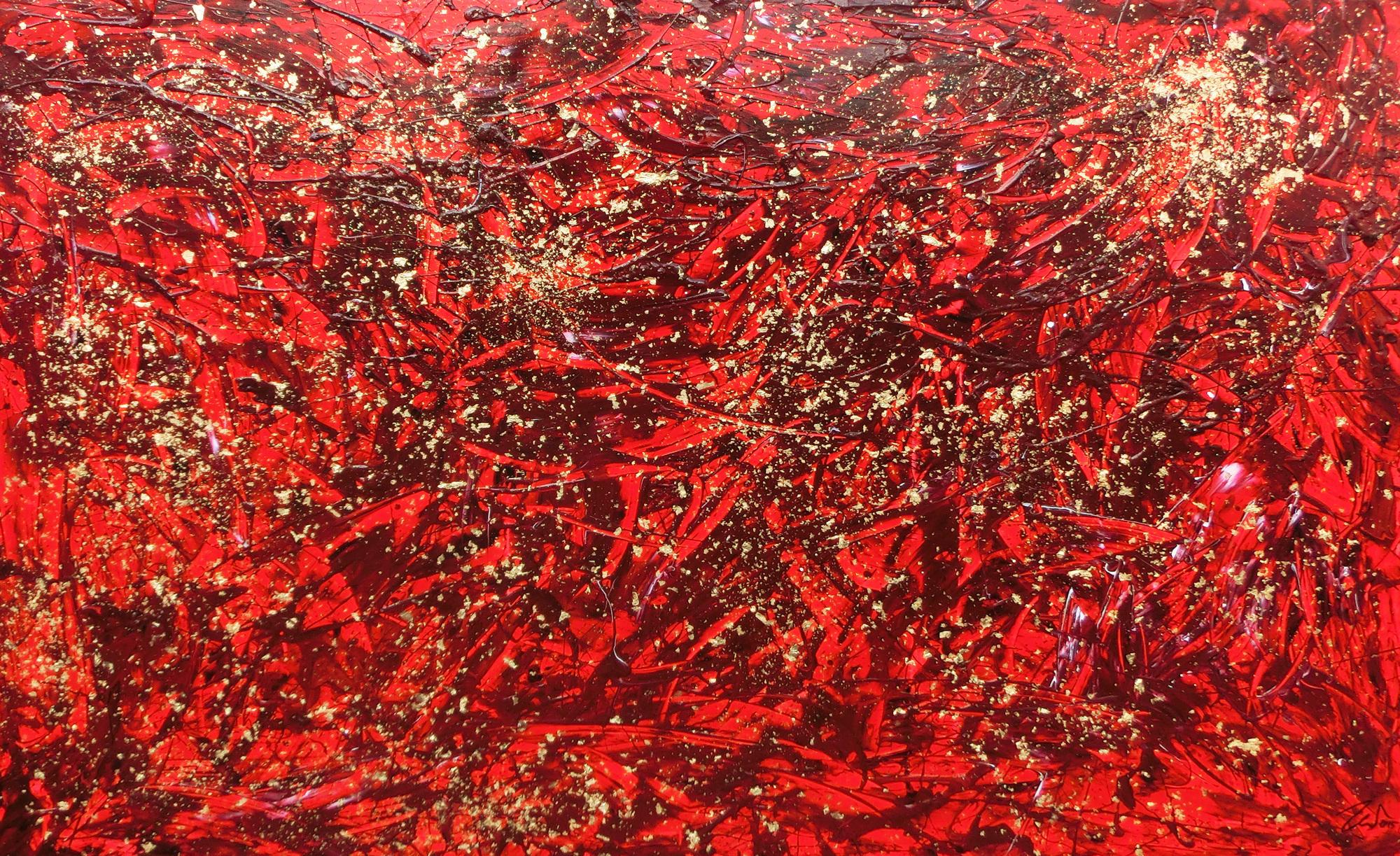Modernes abstraktes Acrylbild in rot und gold