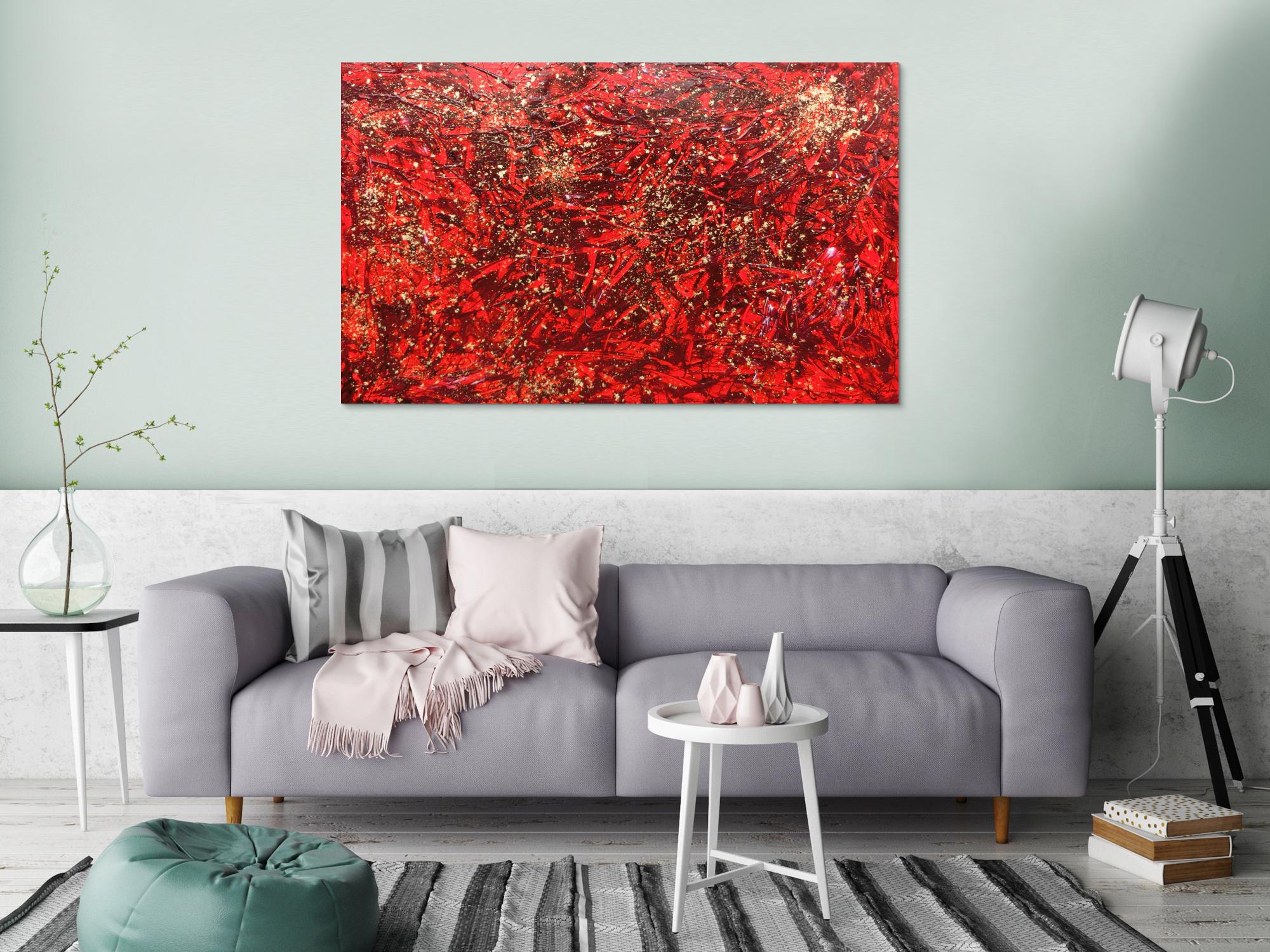 Modernes abstraktes Acrylbild in rot und gold