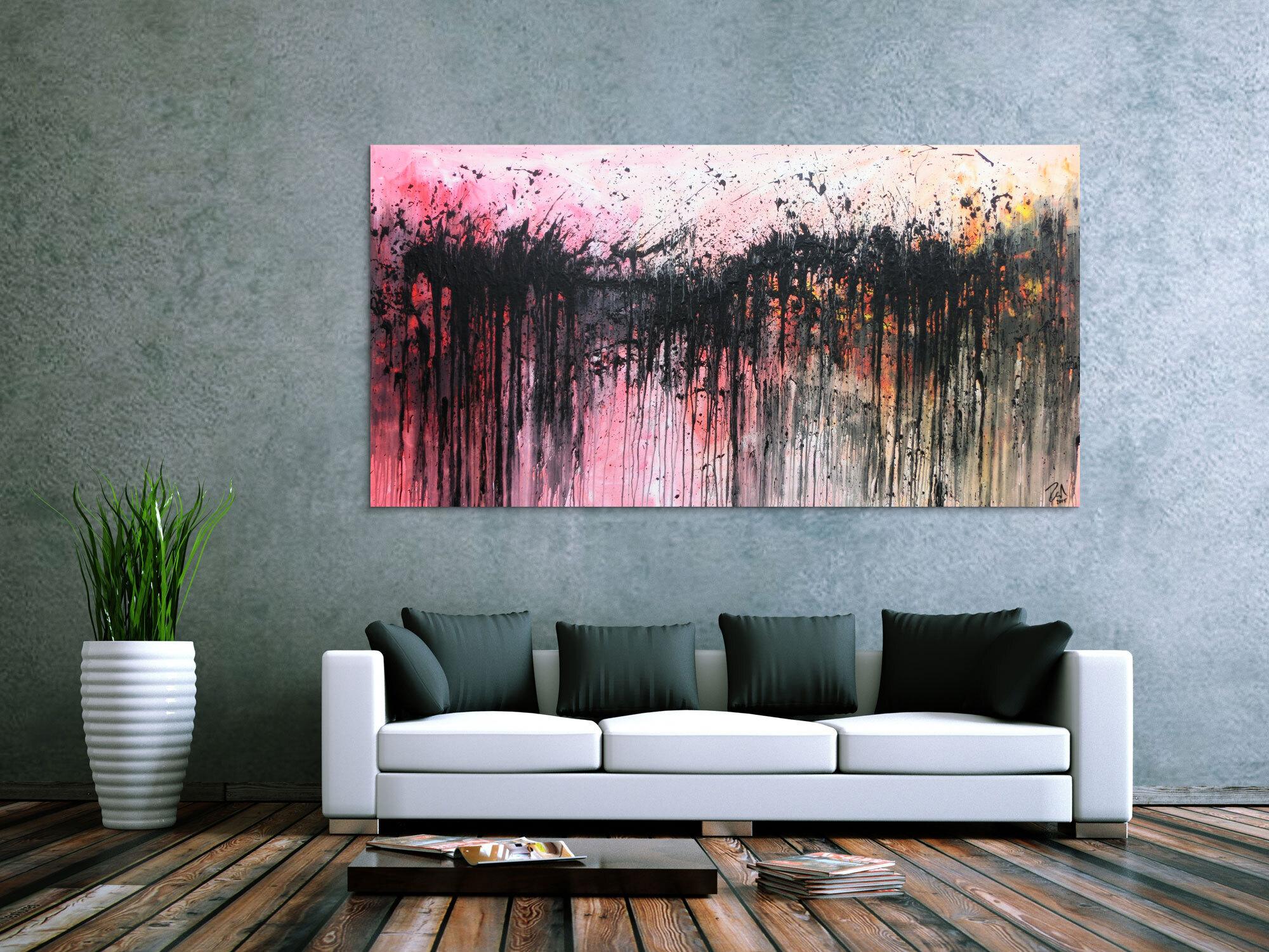Abstraktes Acrylbild sehr modern in rosa weiß schwarz und orange