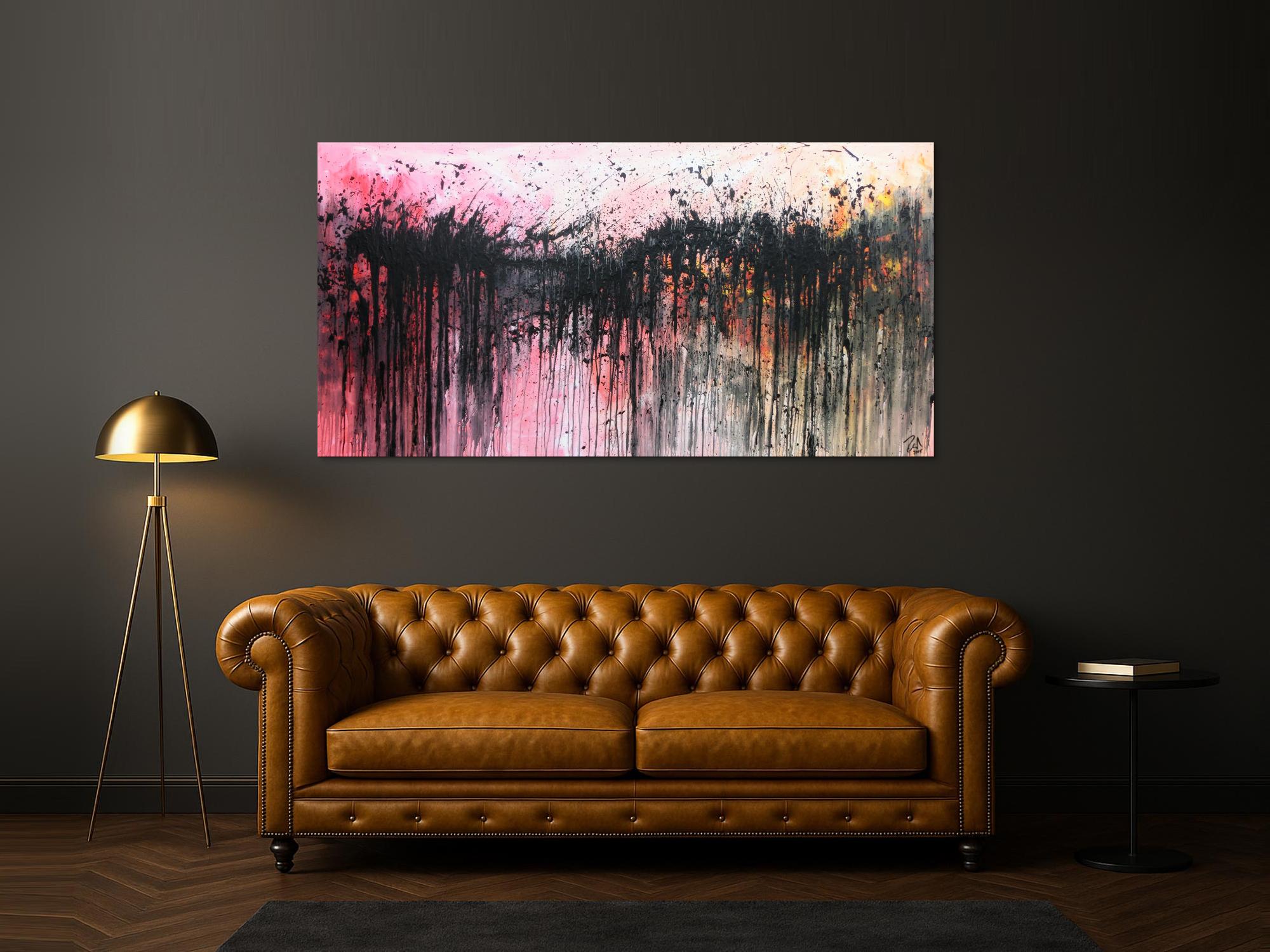 Abstraktes Acrylbild sehr modern in rosa weiß schwarz und orange