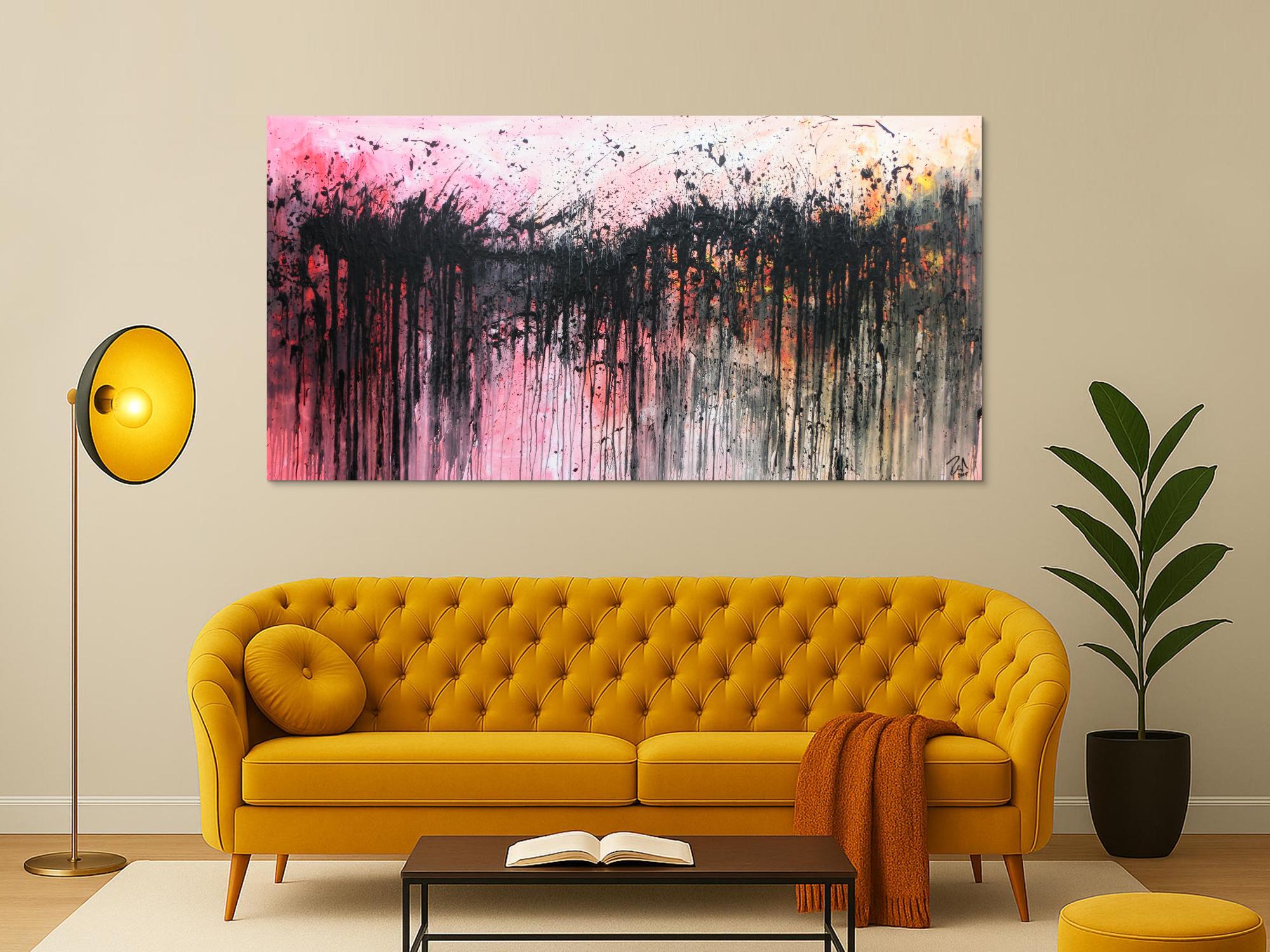 Abstraktes Acrylbild sehr modern in rosa weiß schwarz und orange