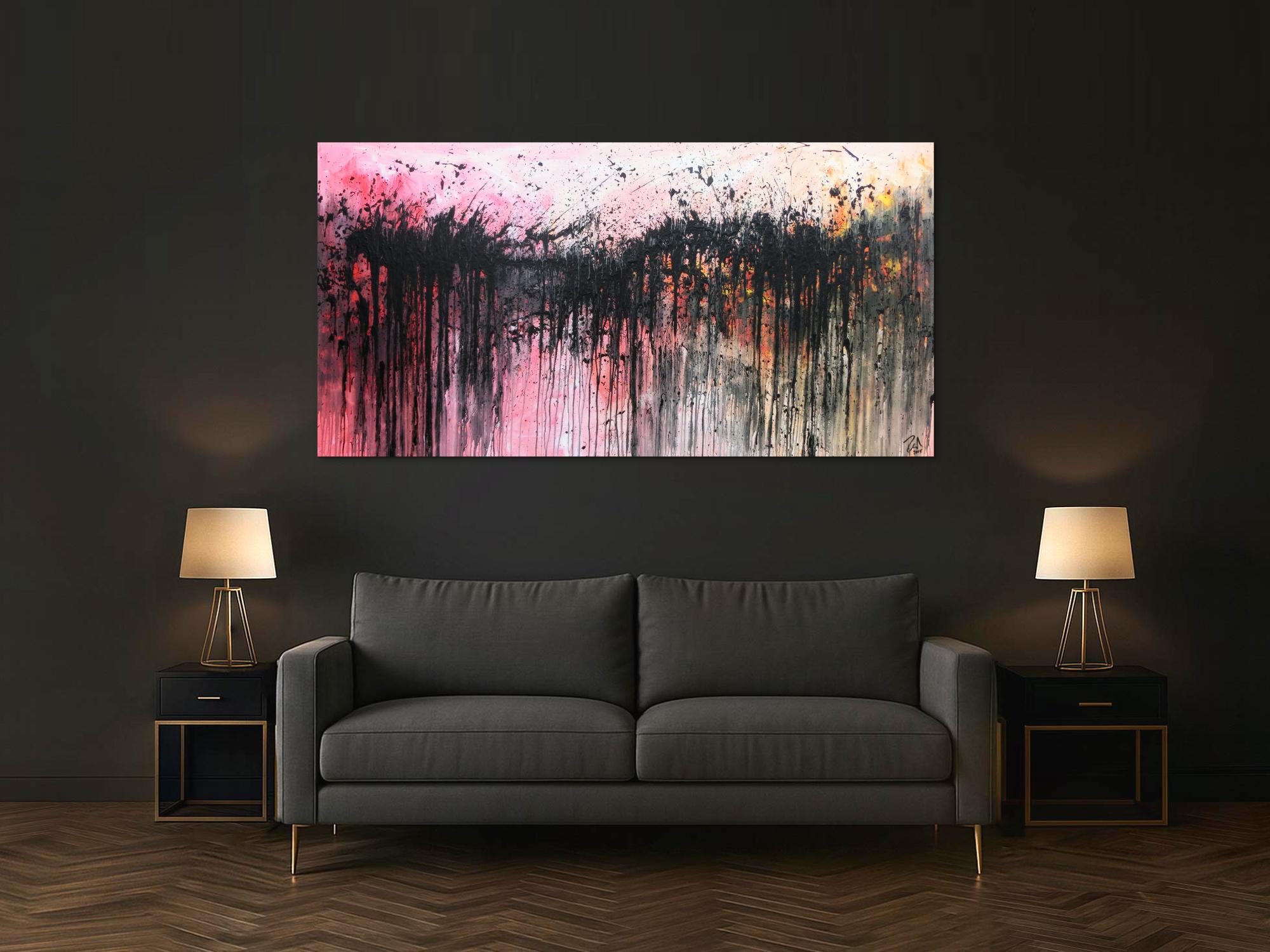 Abstraktes Acrylbild sehr modern in rosa weiß schwarz und orange