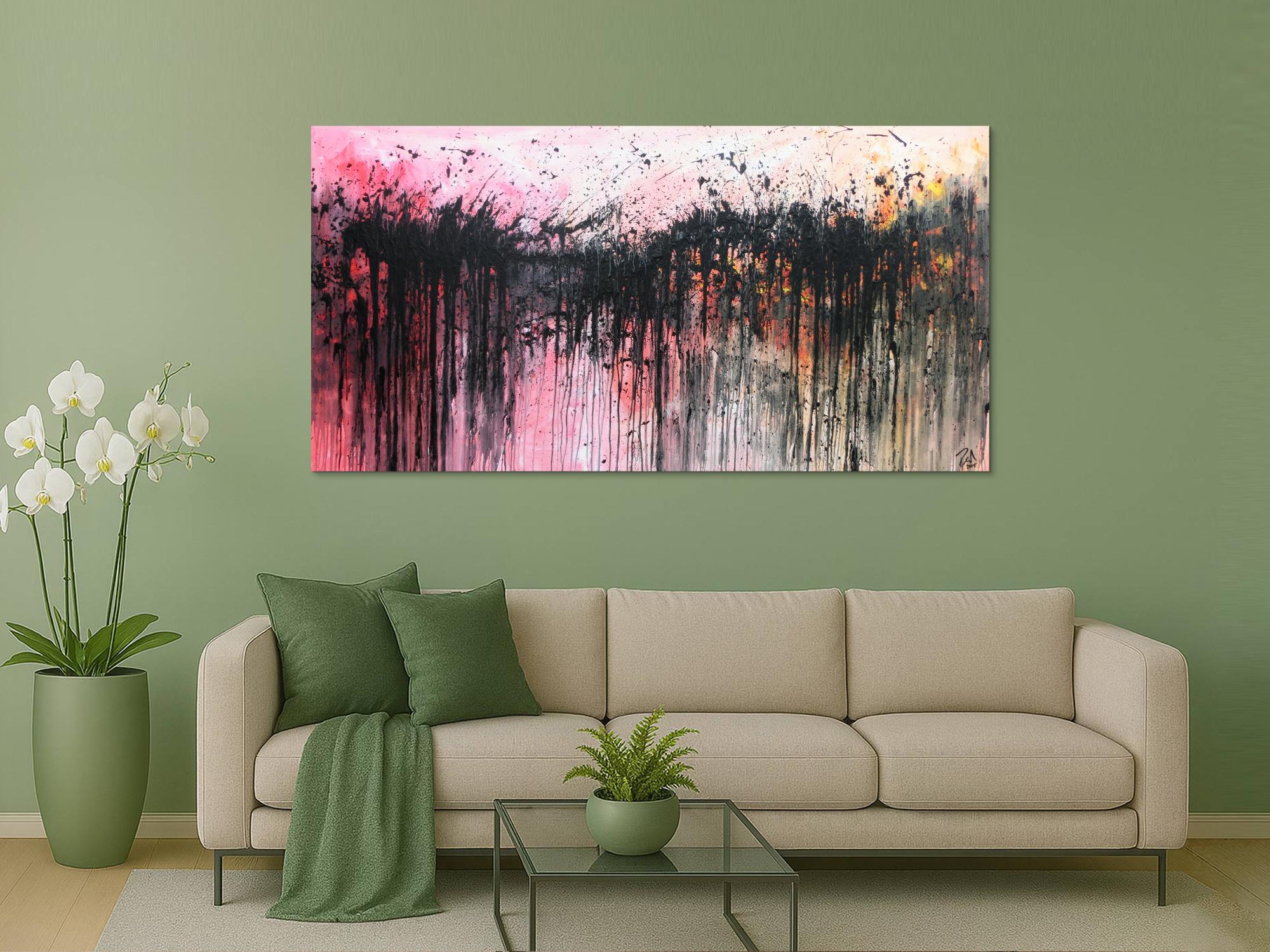 Abstraktes Acrylbild sehr modern in rosa weiß schwarz und orange