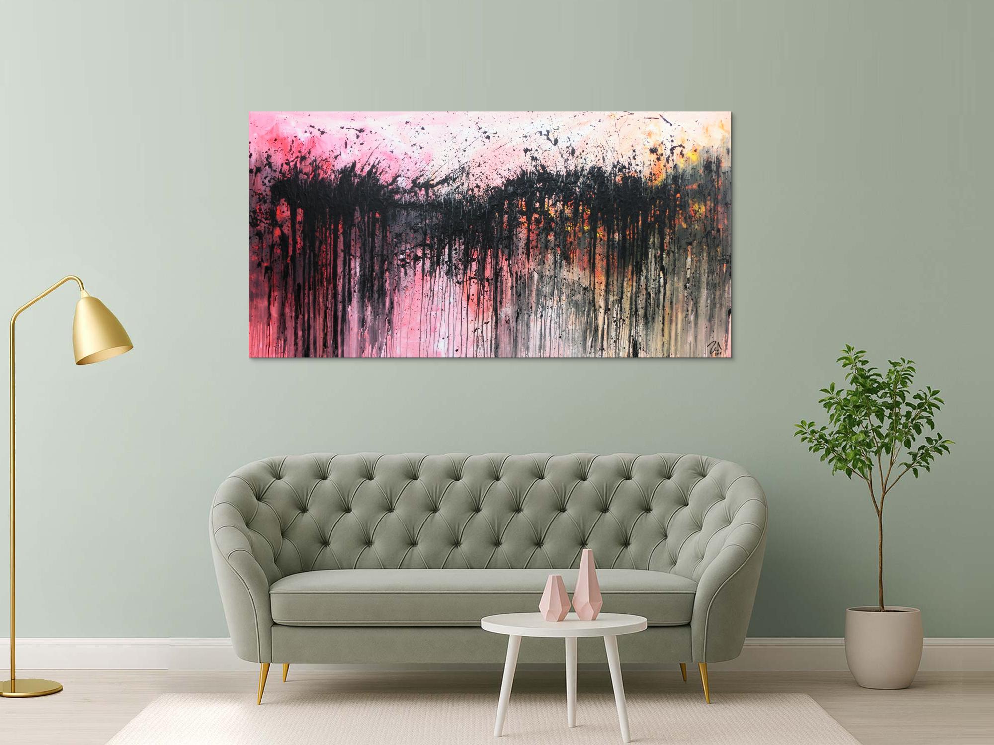 Abstraktes Acrylbild sehr modern in rosa weiß schwarz und orange