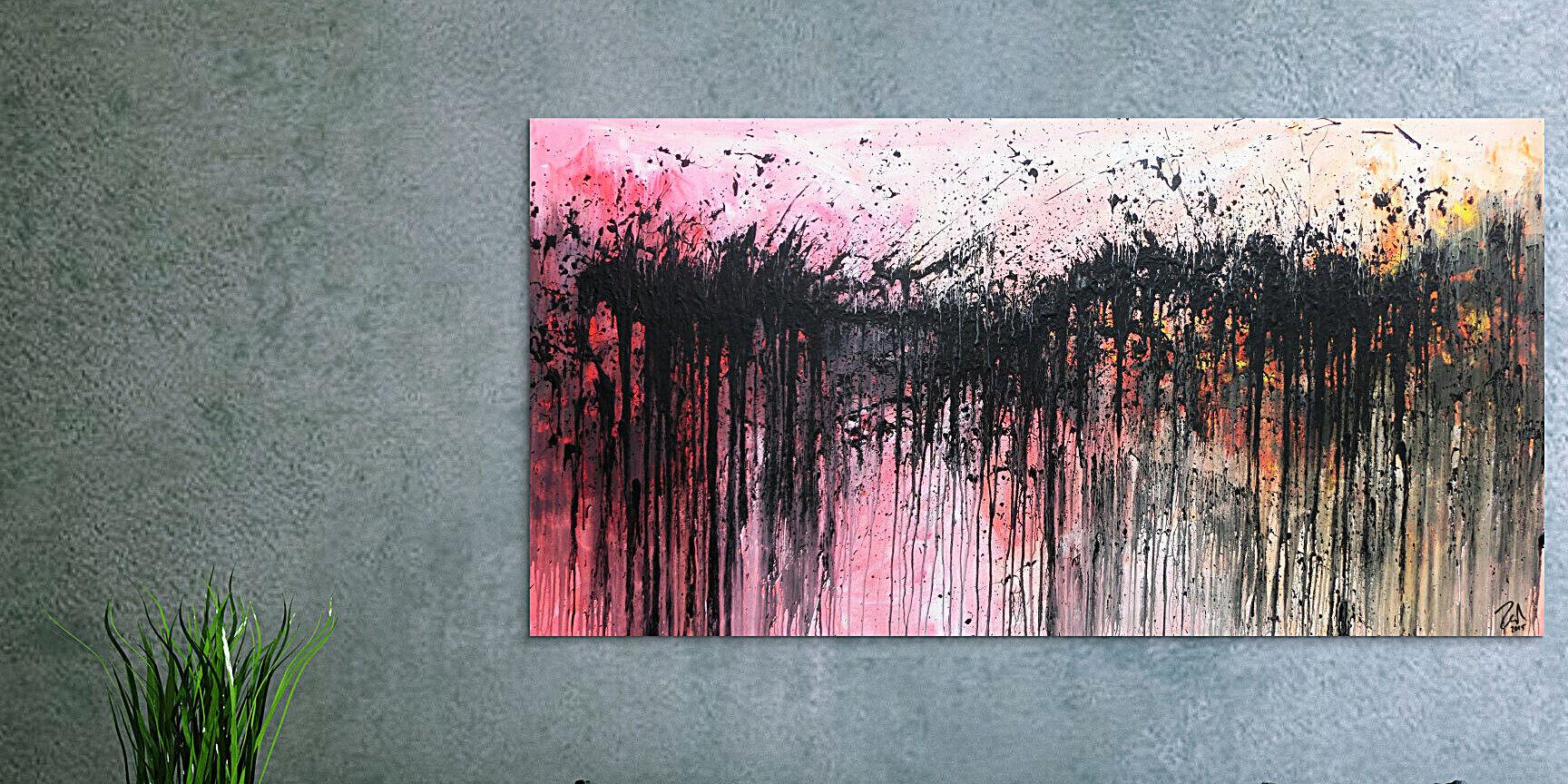 Abstraktes Acrylbild sehr modern in rosa weiß schwarz und orange