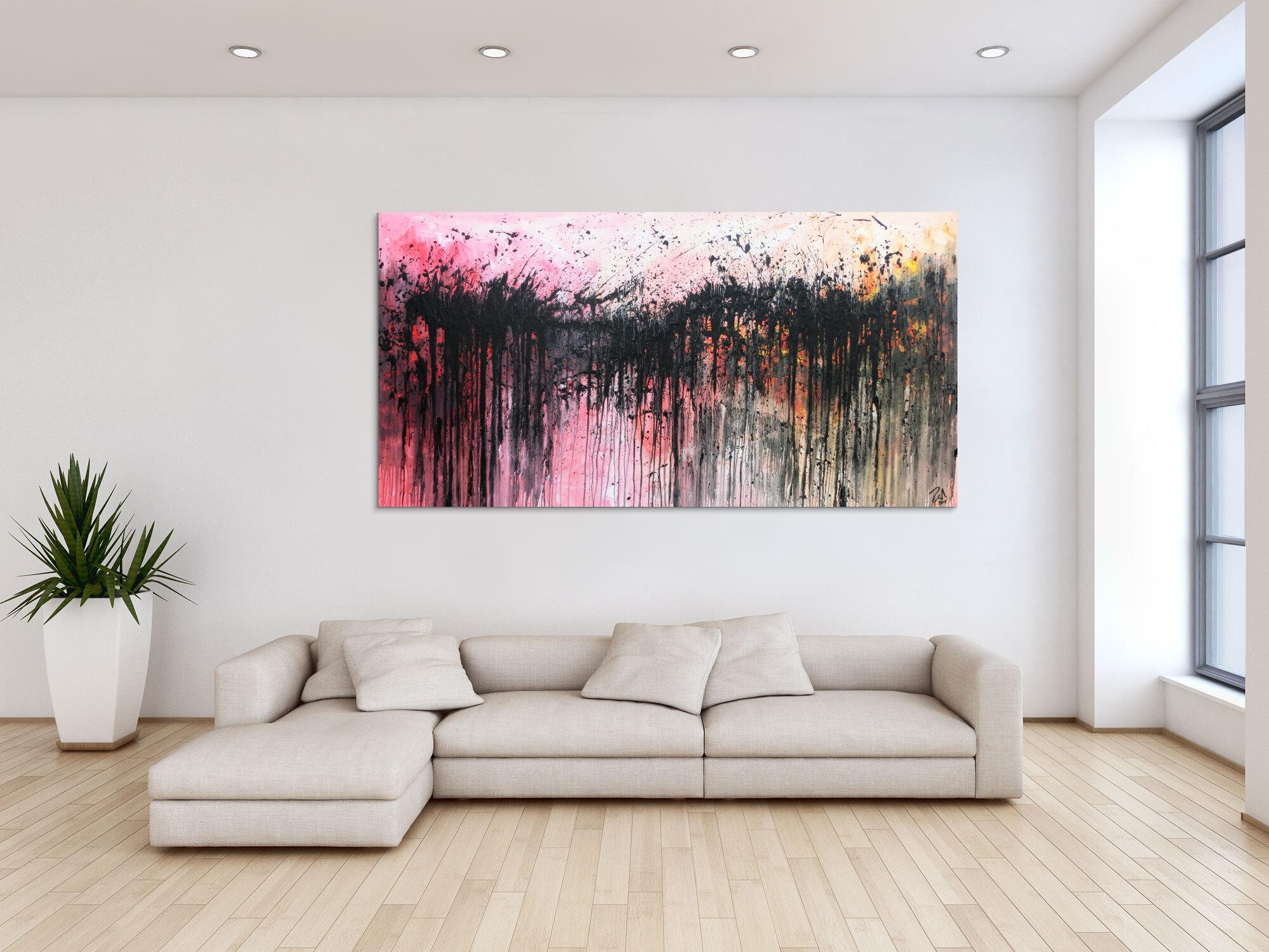 Abstraktes Acrylbild sehr modern in rosa weiß schwarz und orange