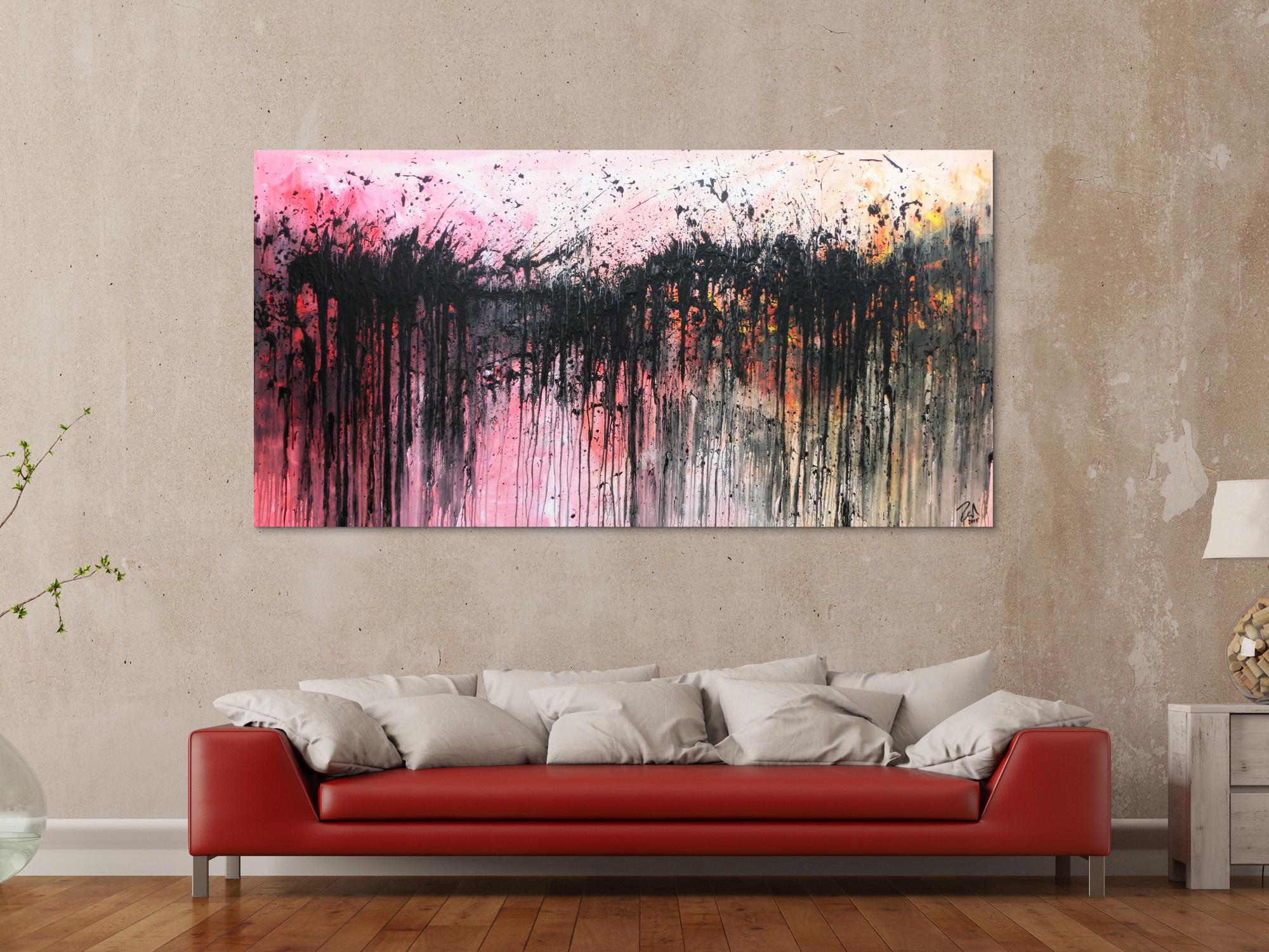 Abstraktes Acrylbild sehr modern in rosa weiß schwarz und orange