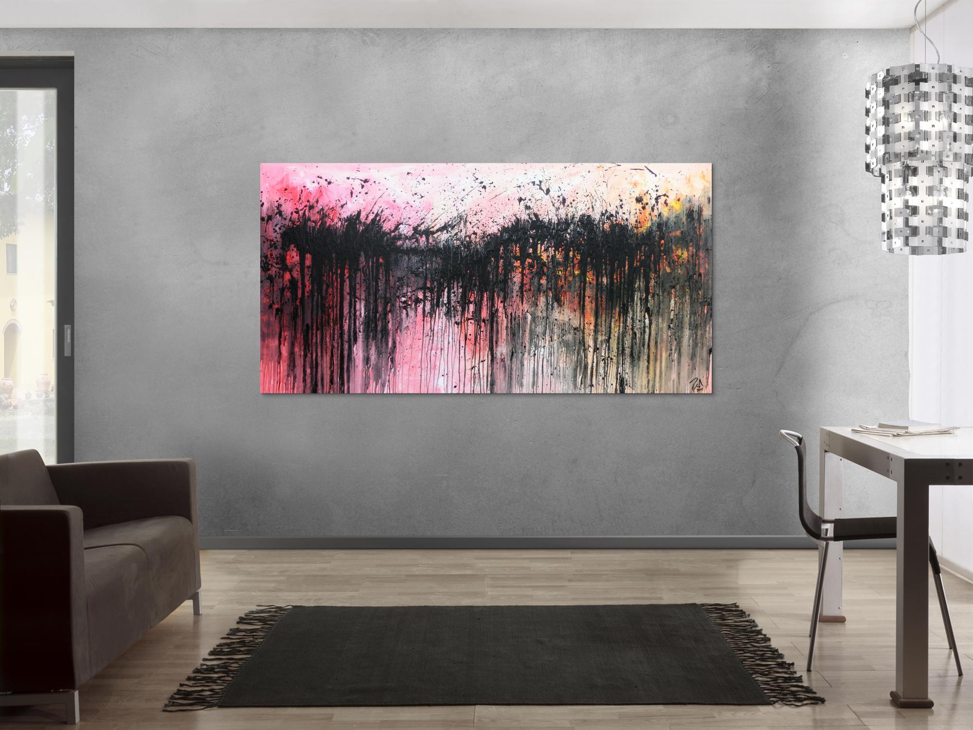 Abstraktes Acrylbild sehr modern in rosa weiß schwarz und orange