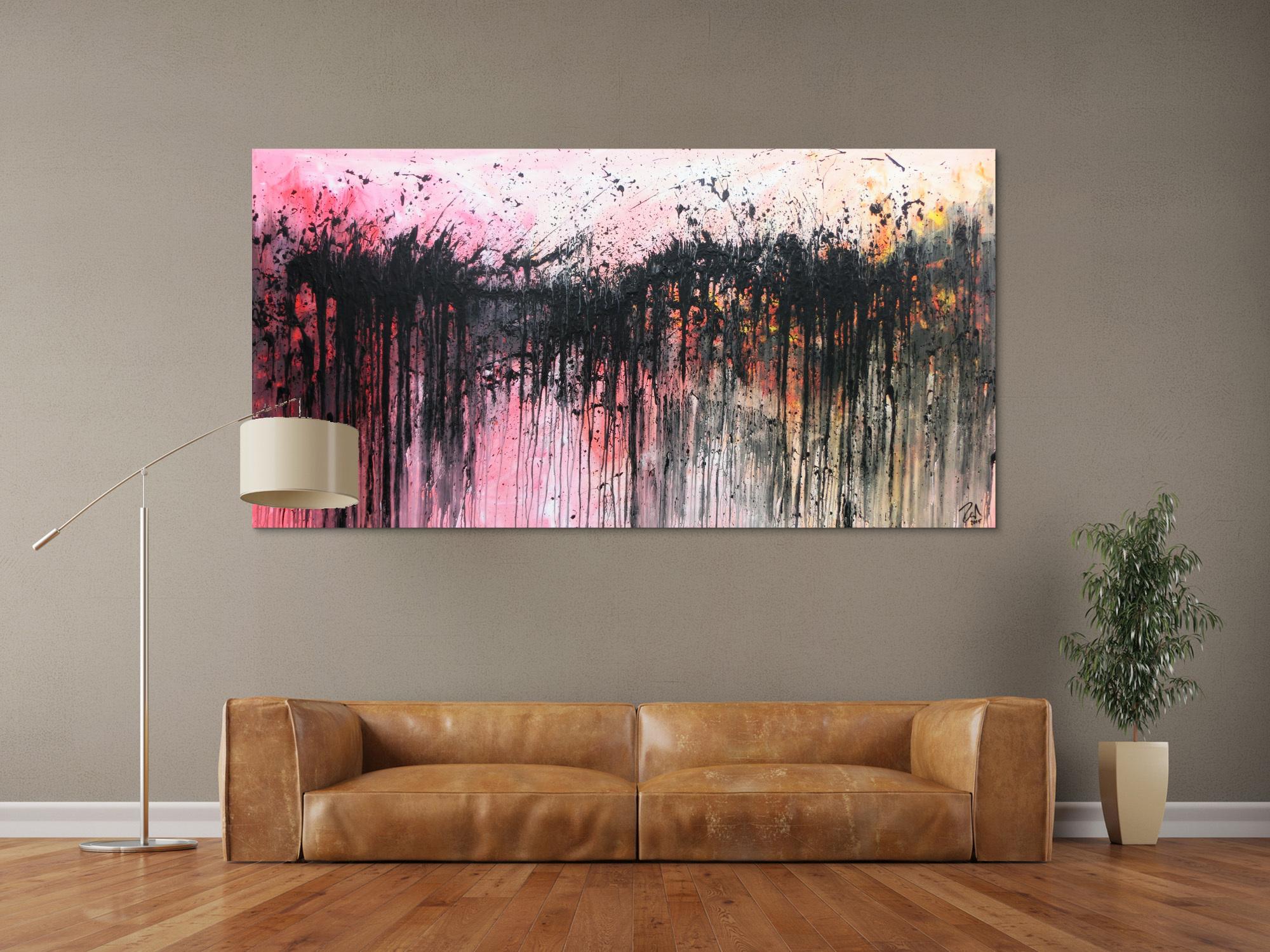 Abstraktes Acrylbild sehr modern in rosa weiß schwarz und orange