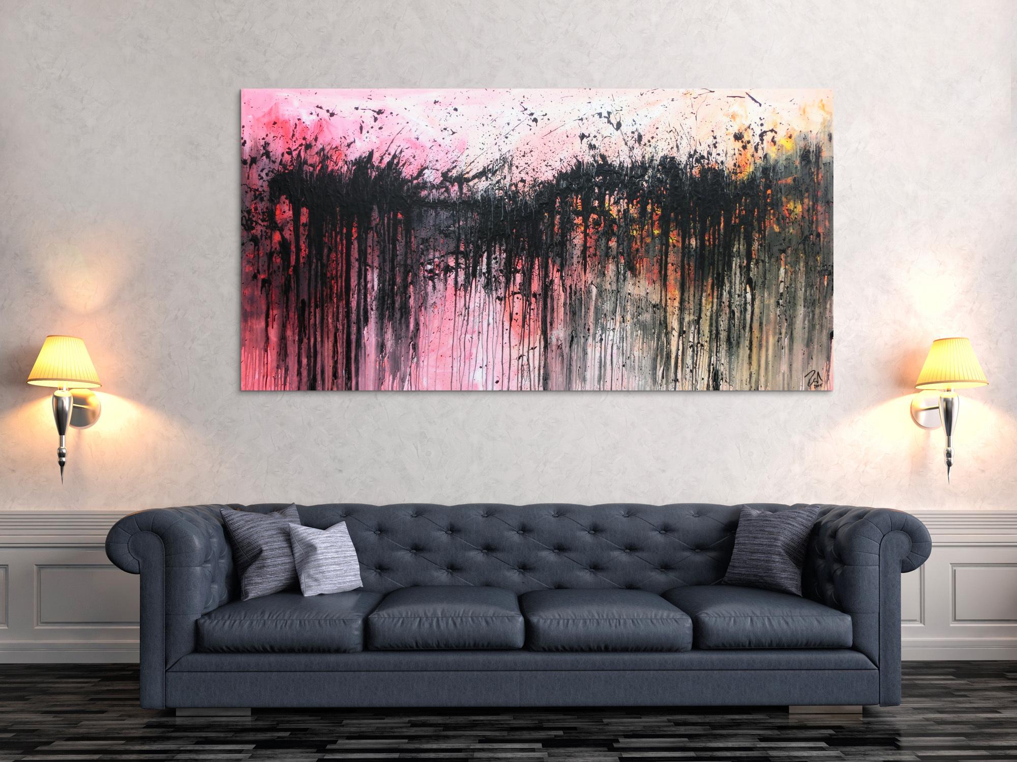 Abstraktes Acrylbild sehr modern in rosa weiß schwarz und orange