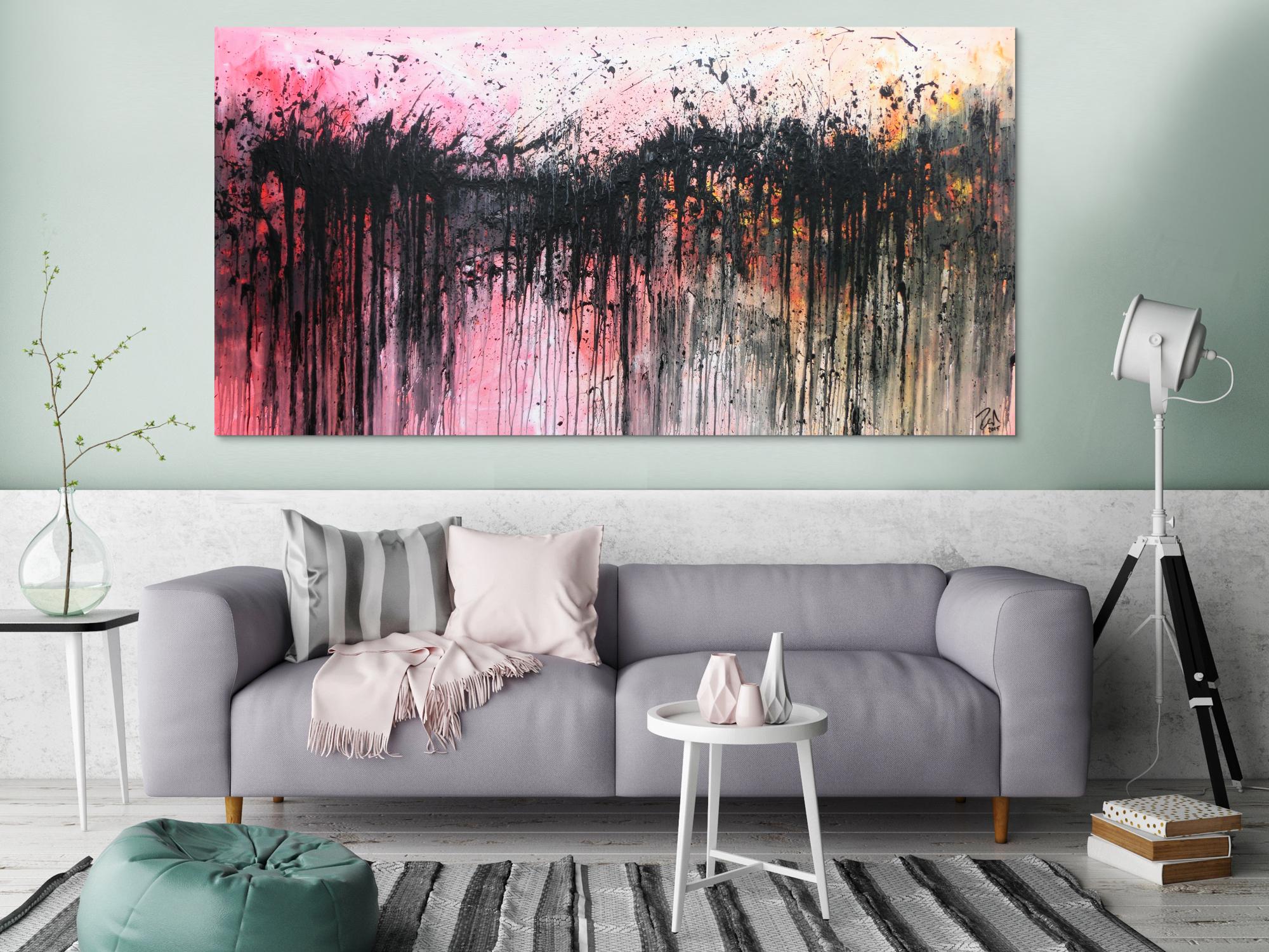 Abstraktes Acrylbild sehr modern in rosa weiß schwarz und orange