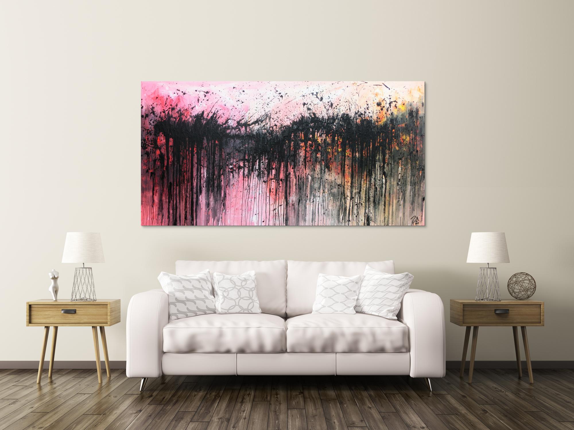 Abstraktes Acrylbild sehr modern in rosa weiß schwarz und orange