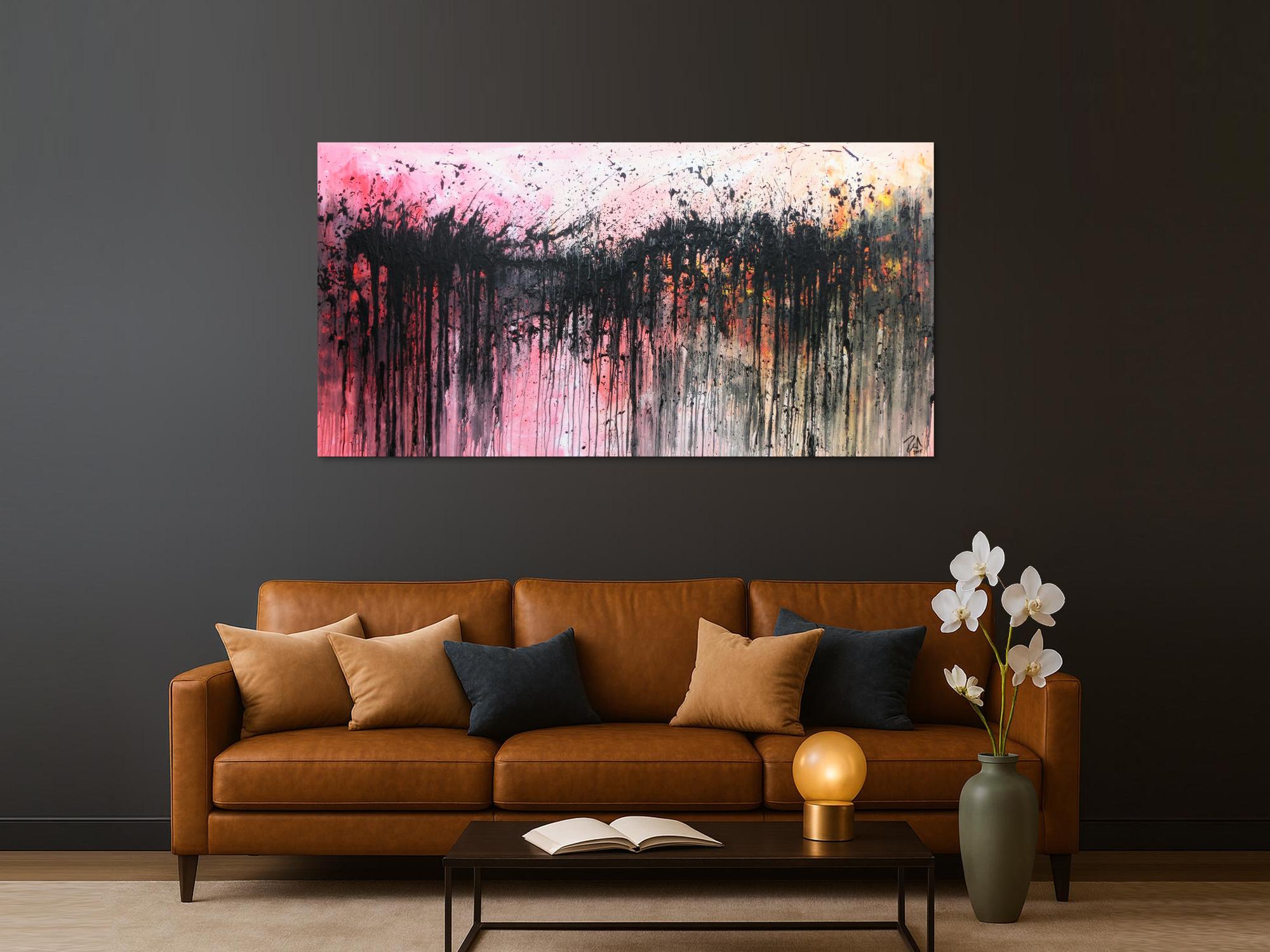 Abstraktes Acrylbild sehr modern in rosa weiß schwarz und orange