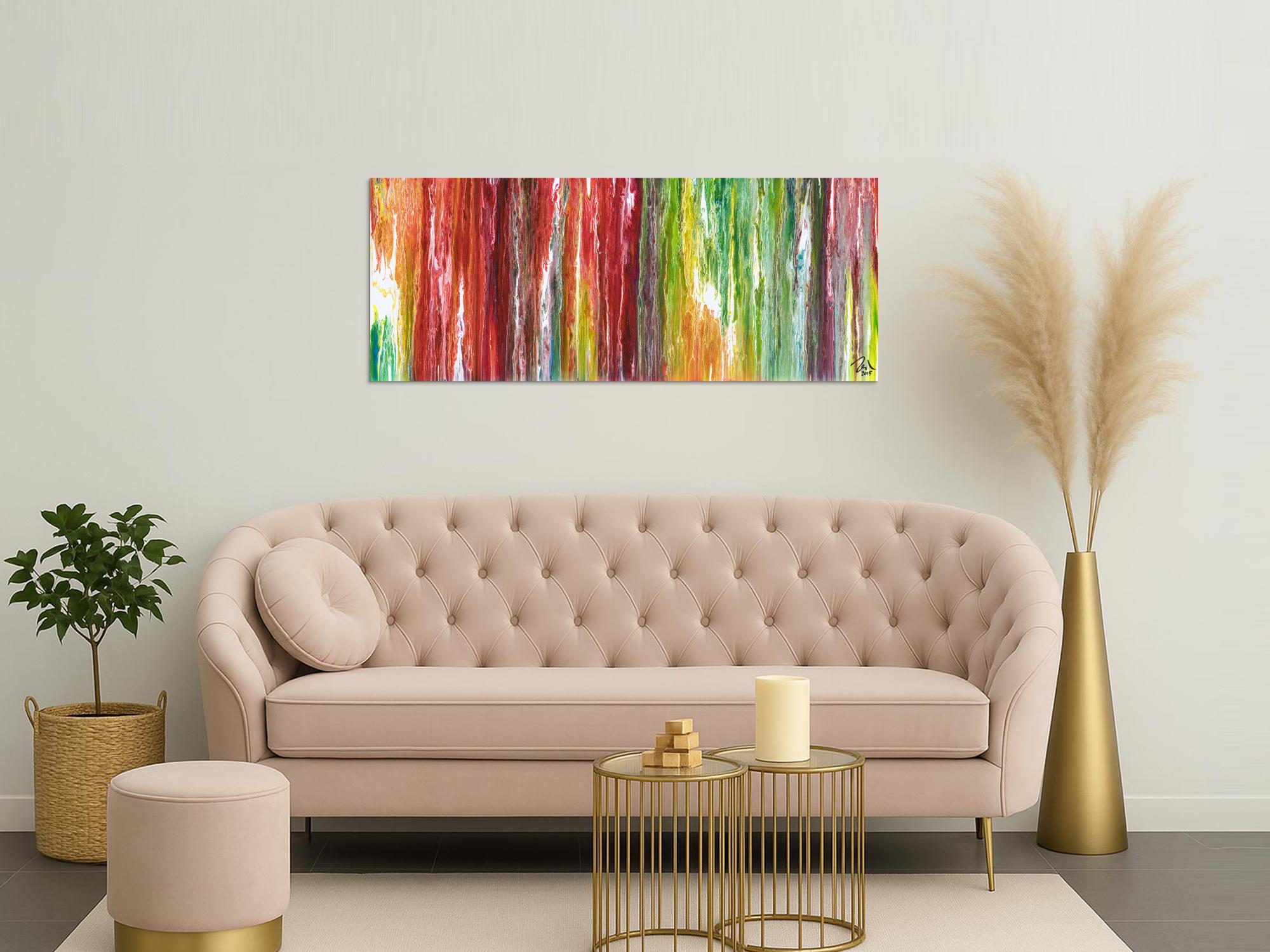 Original Gemälde abstrakt 60x150cm Fluid Painting Moderne Kunst handgemalt  bunt rot weiß einzigartig