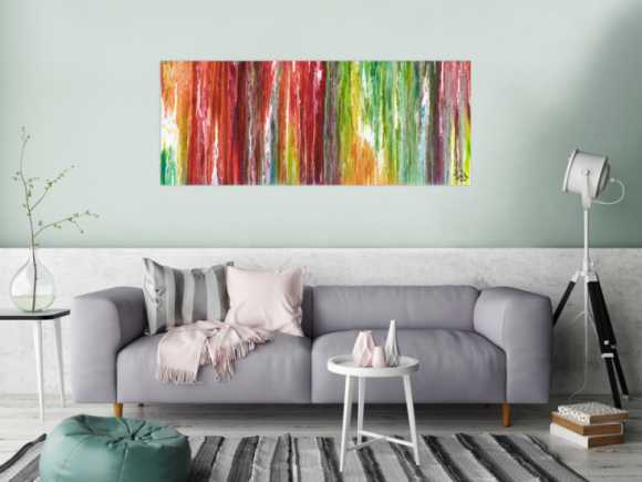 Original Gemälde abstrakt 60x150cm Fluid Painting Moderne Kunst handgemalt  bunt rot weiß einzigartig
