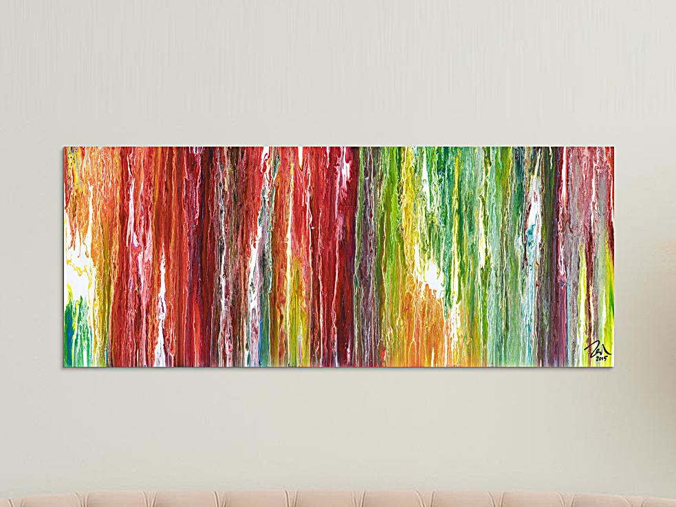 Original Gemälde abstrakt 60x150cm Fluid Painting Moderne Kunst handgemalt  bunt rot weiß einzigartig