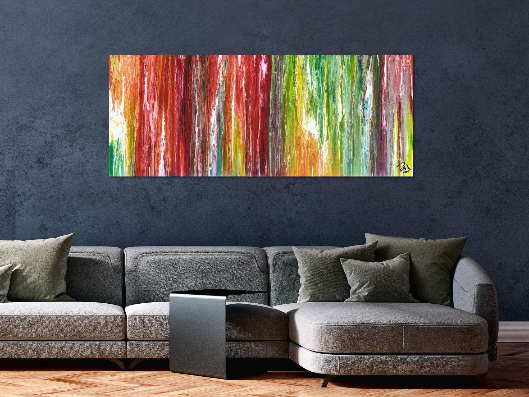 Original Gemälde abstrakt 60x150cm Fluid Painting Moderne Kunst handgemalt  bunt rot weiß einzigartig