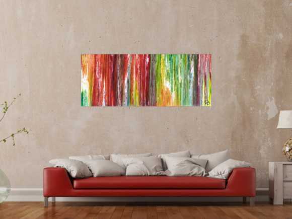 Original Gemälde abstrakt 60x150cm Fluid Painting Moderne Kunst handgemalt  bunt rot weiß einzigartig