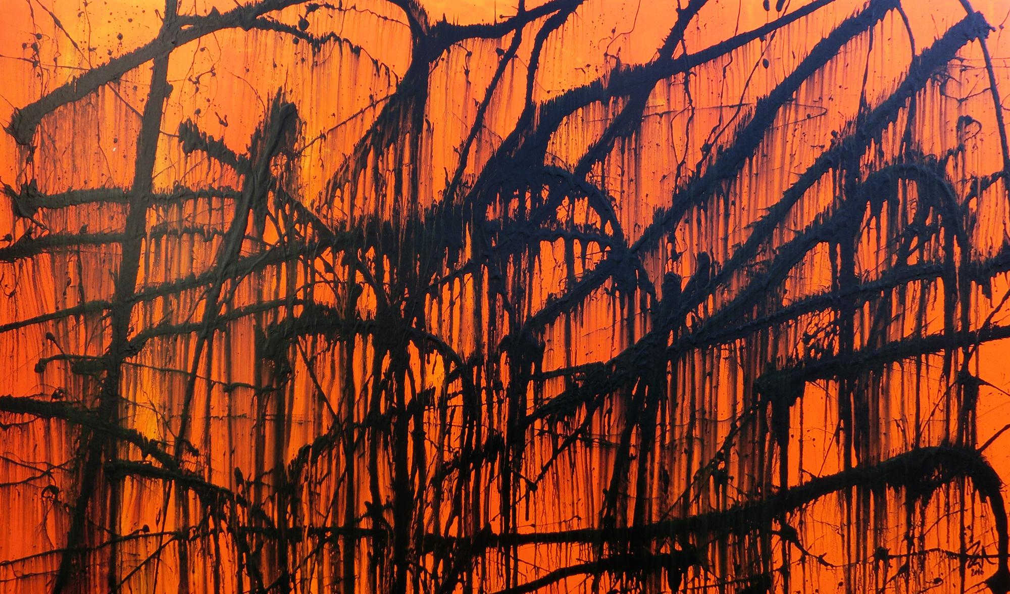 Modernes abstraktes Acrylbild in orange und schwarz