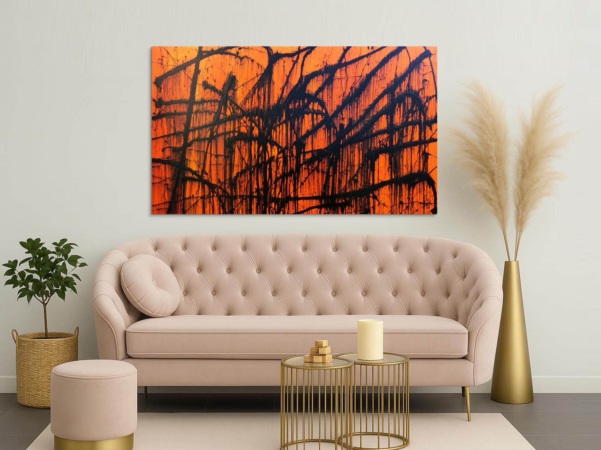 Modernes abstraktes Acrylbild in orange und schwarz