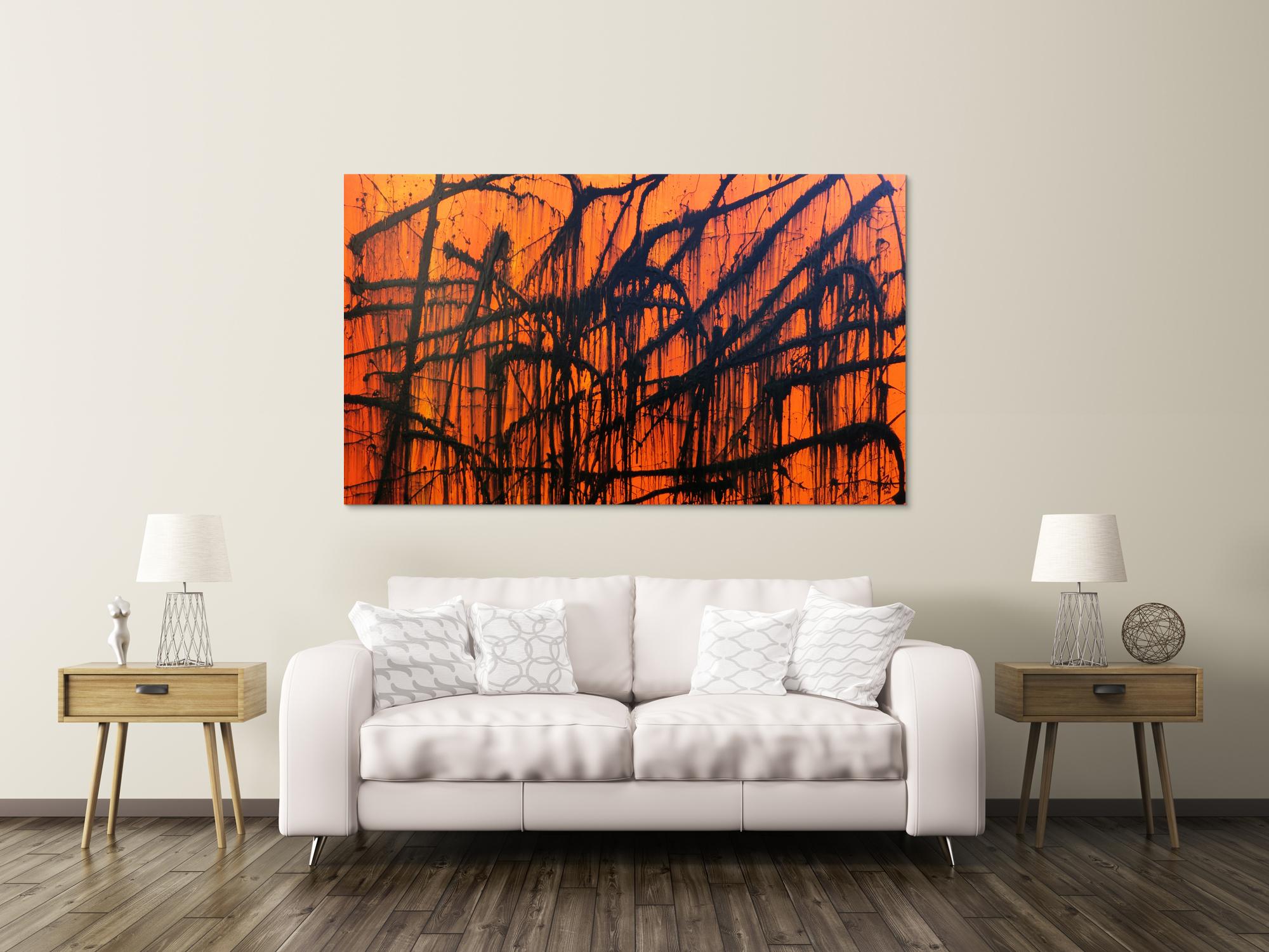 Modernes abstraktes Acrylbild in orange und schwarz