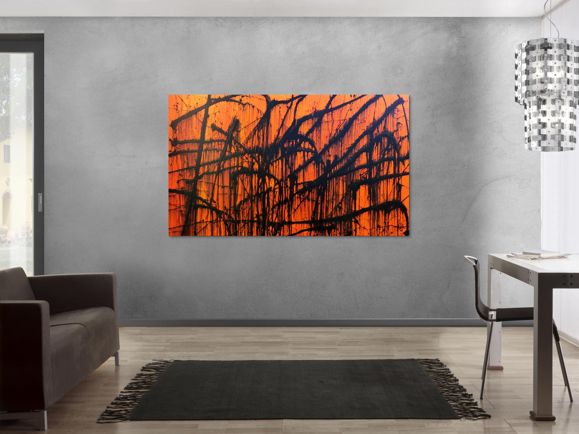 Modernes abstraktes Acrylbild in orange und schwarz