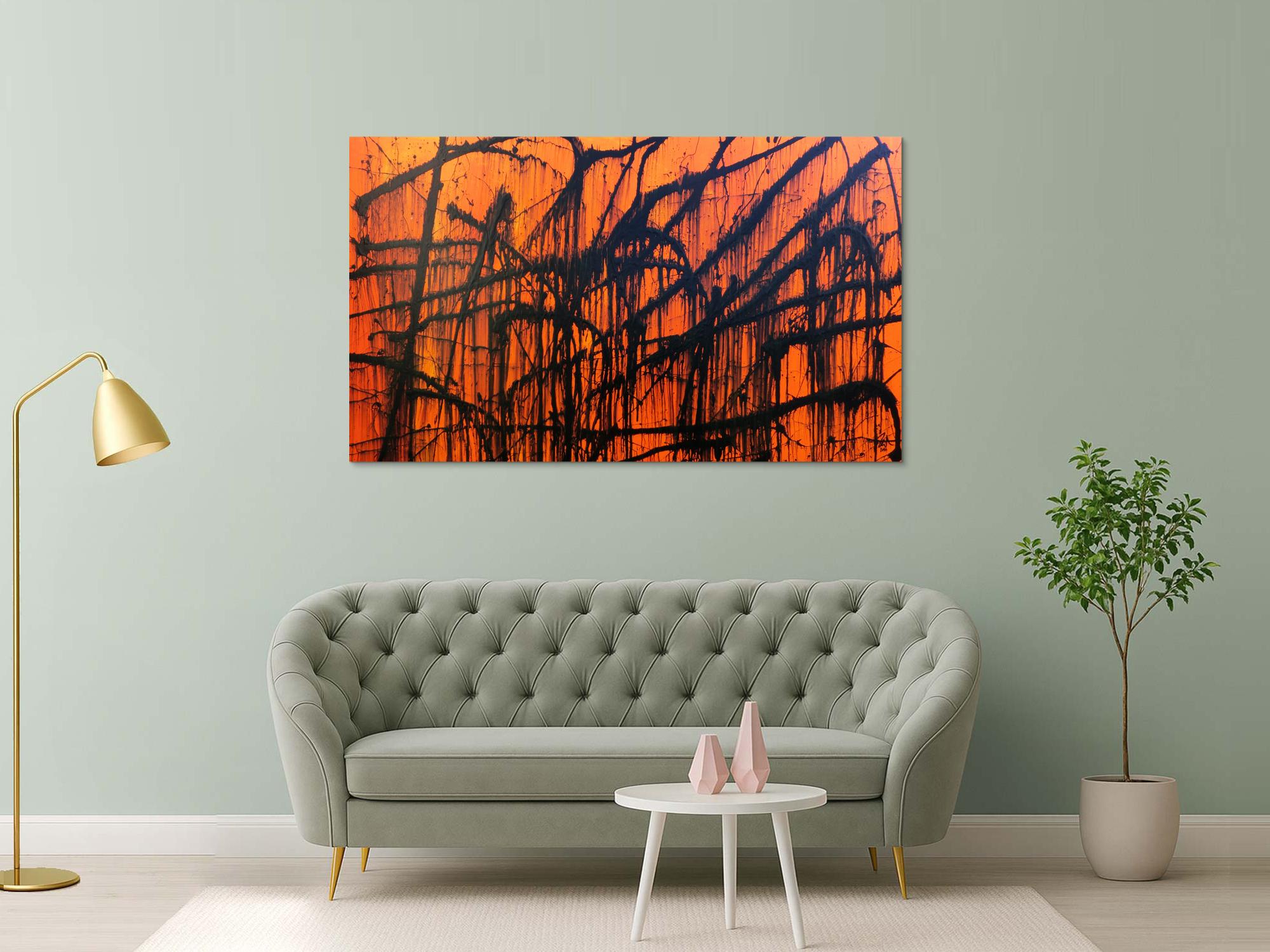 Modernes abstraktes Acrylbild in orange und schwarz