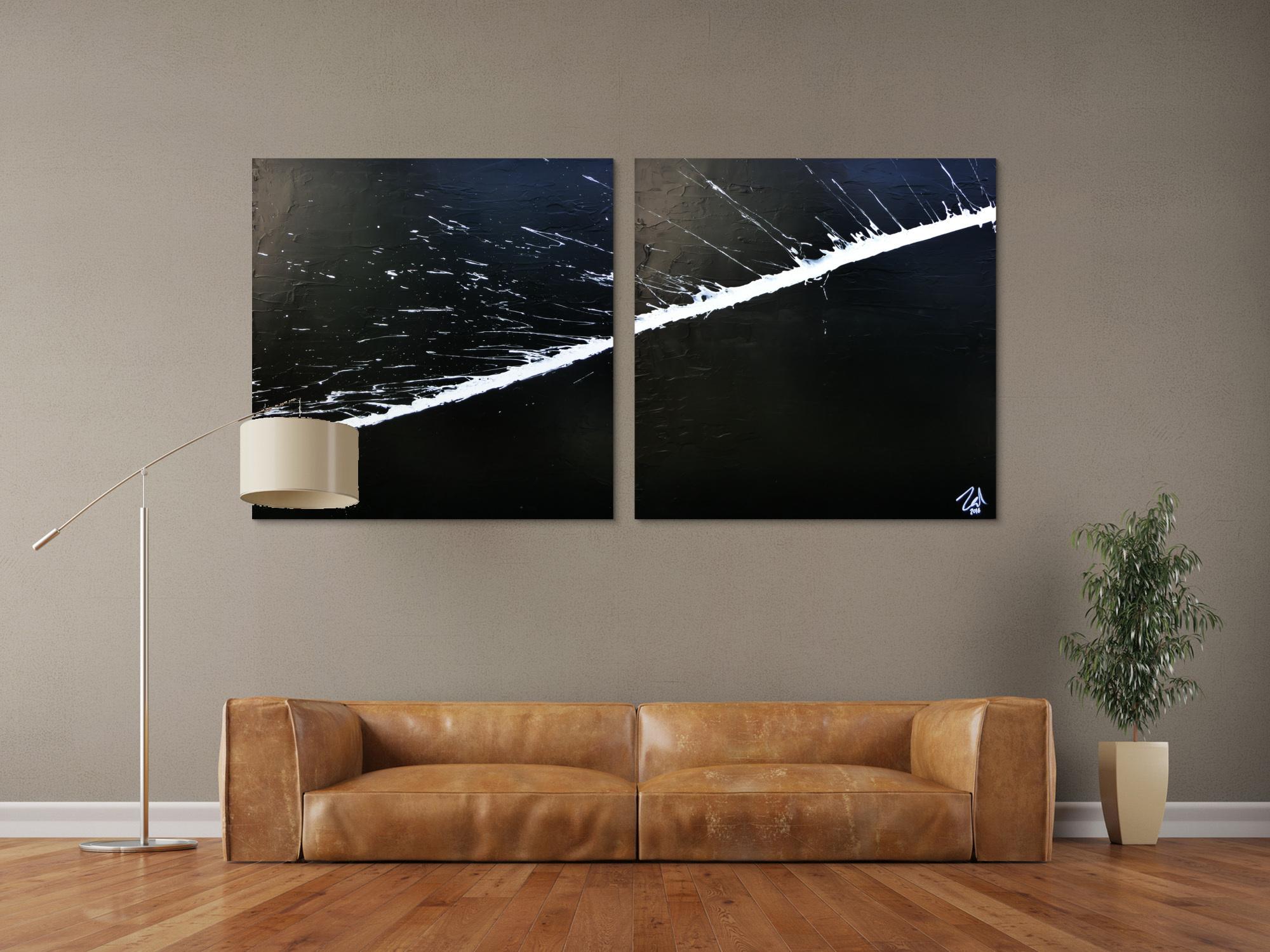 Minimalistisches abstraktes Acrylbild schwarz weiß zwei Teile