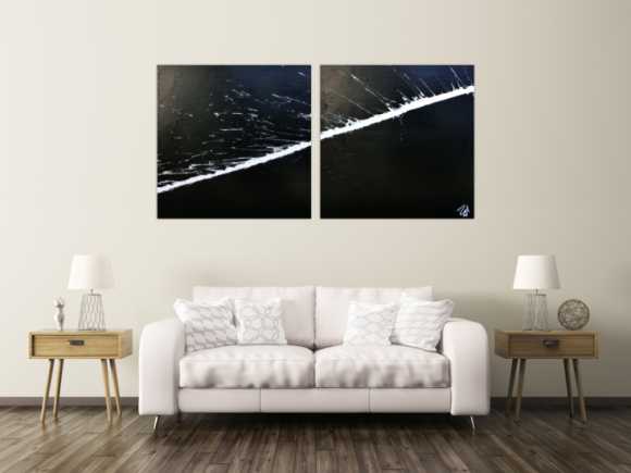 Minimalistisches abstraktes Acrylbild schwarz weiß zwei Teile