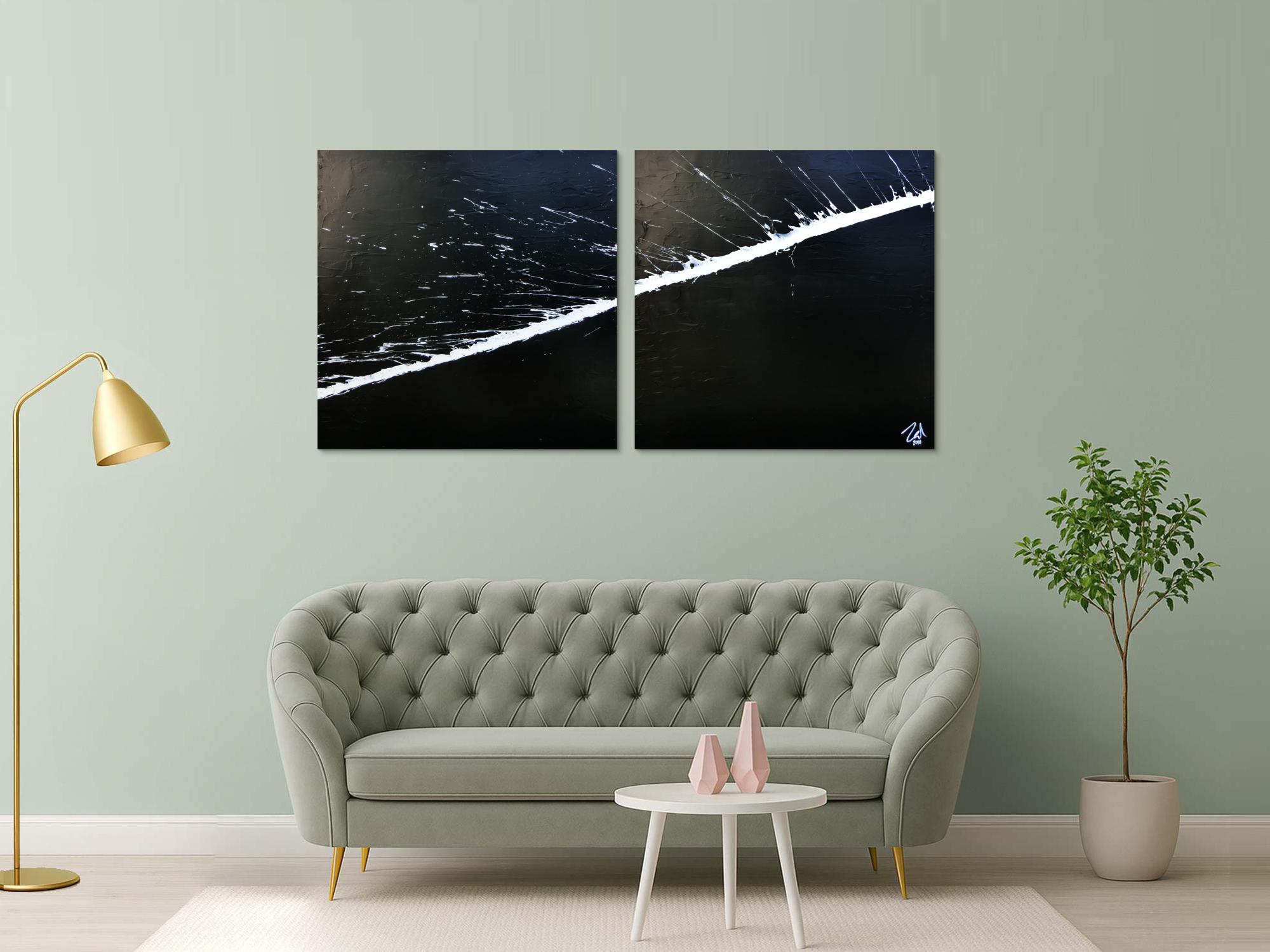 Minimalistisches abstraktes Acrylbild schwarz weiß zwei Teile