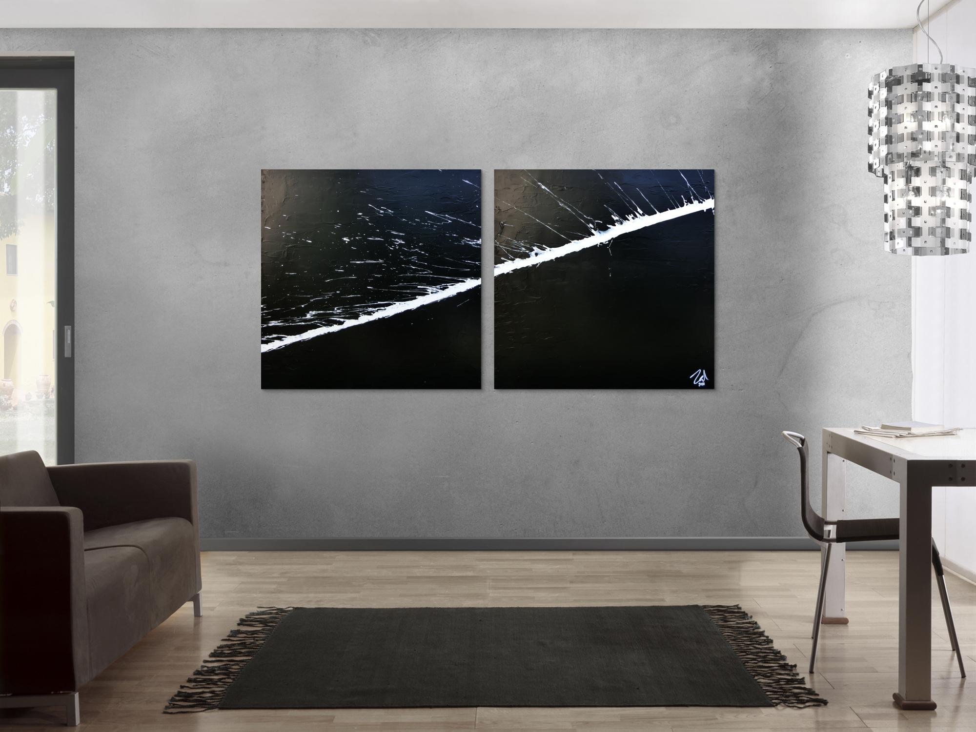 Minimalistisches abstraktes Acrylbild schwarz weiß zwei Teile