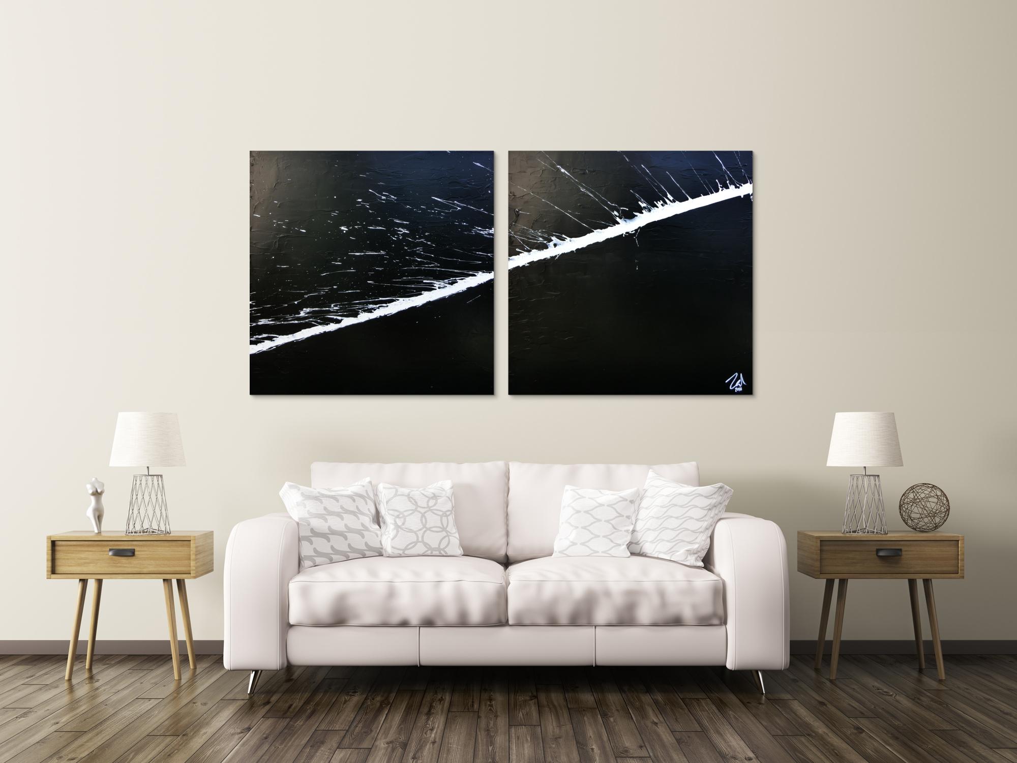 Minimalistisches abstraktes Acrylbild schwarz weiß zwei Teile