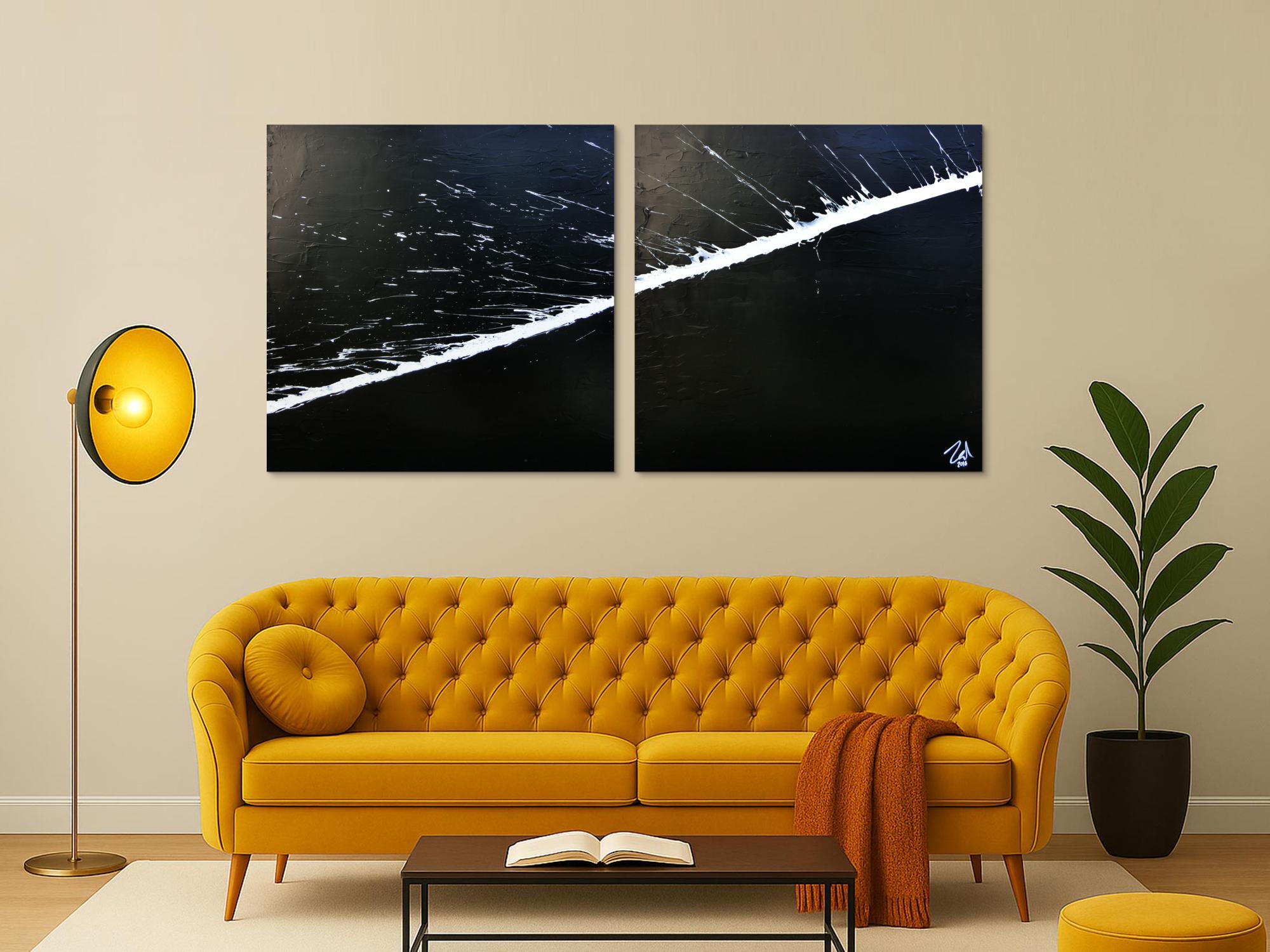 Minimalistisches abstraktes Acrylbild schwarz weiß zwei Teile