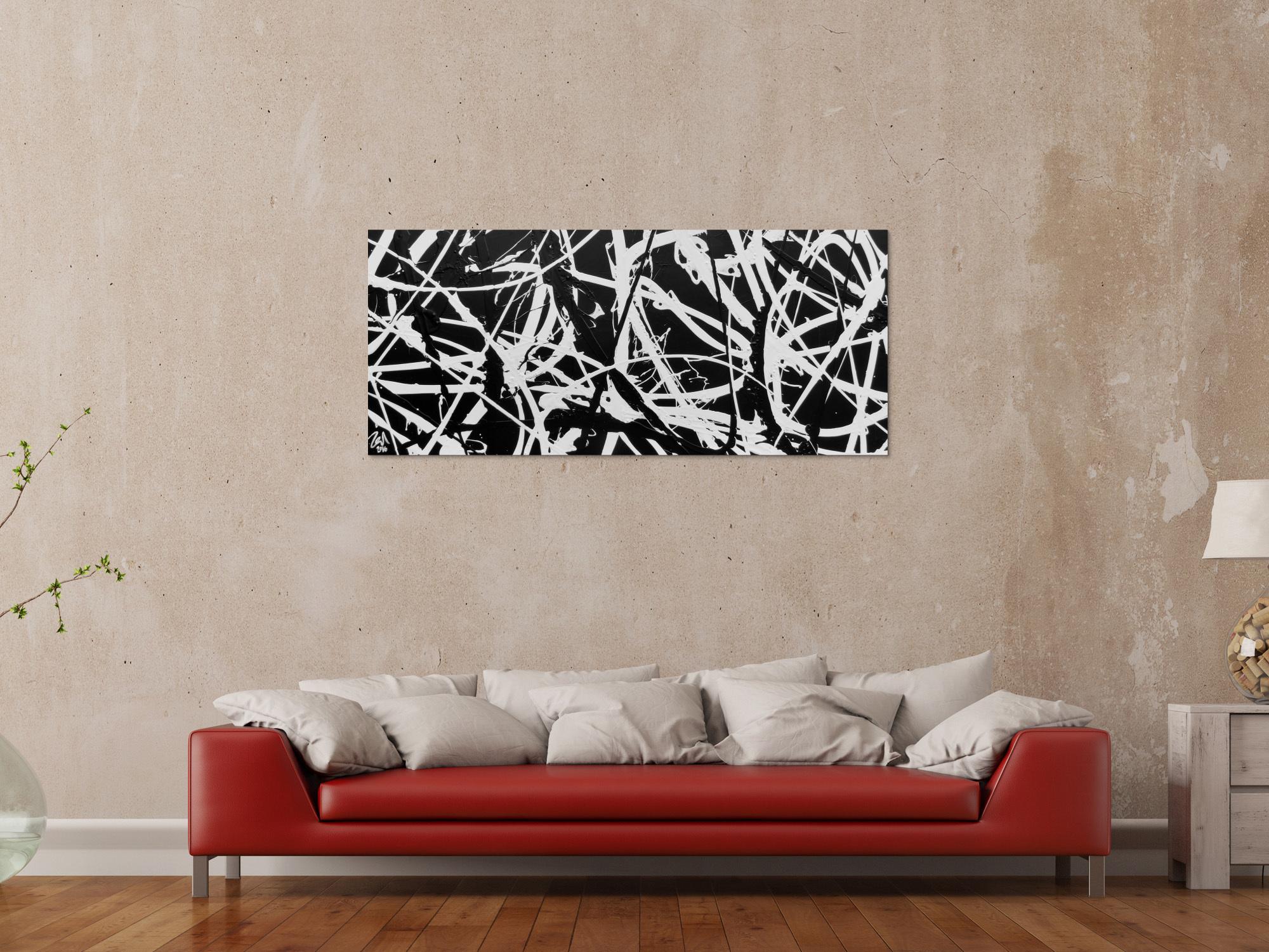 Minimalistisches Gemälde aus Acryl abstrakt in schwarz weiß modern