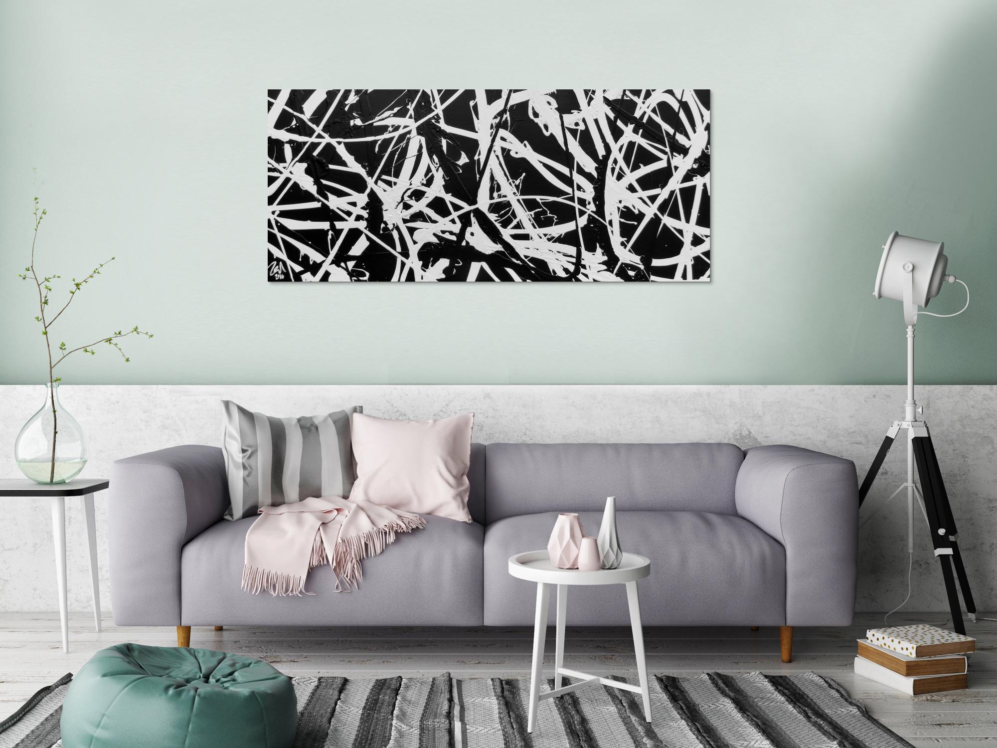 Minimalistisches Gemälde aus Acryl abstrakt in schwarz weiß modern