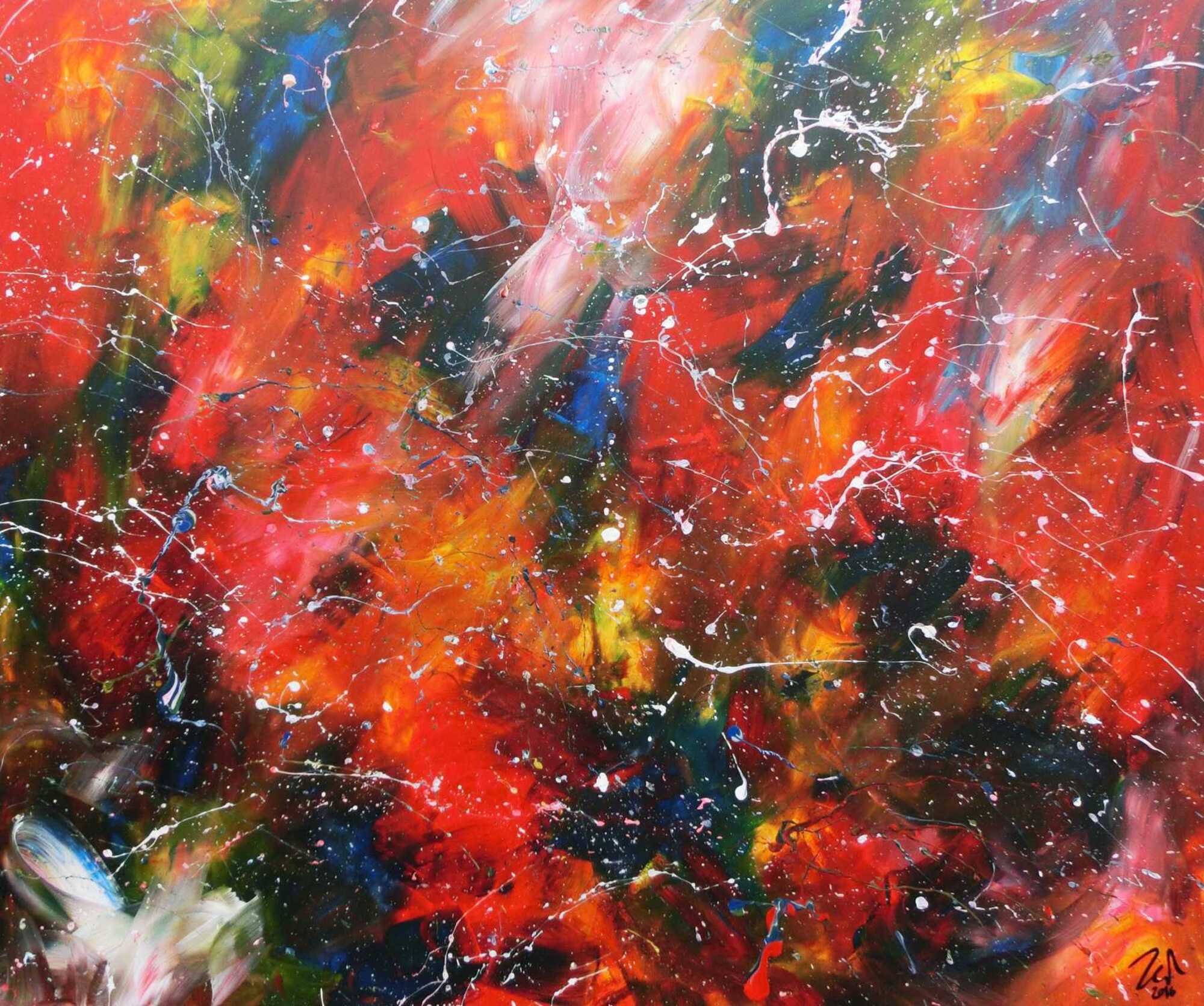 Modernes Acrylgemälde abstrakt bunt mit viel rot und blau