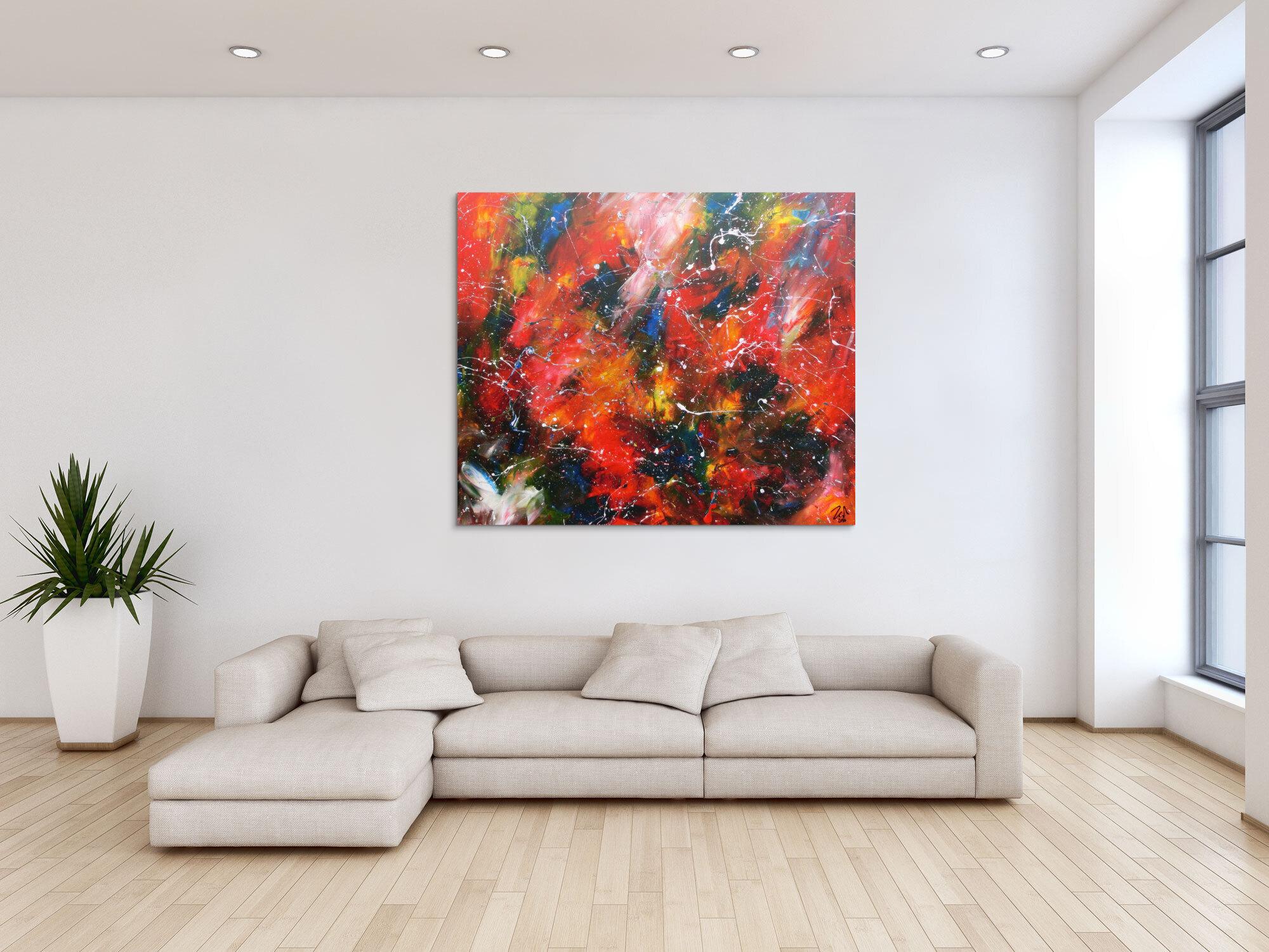 Modernes Acrylgemälde abstrakt bunt mit viel rot und blau