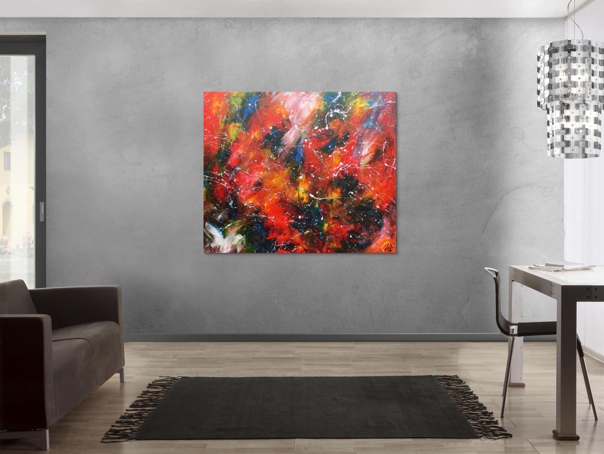 Modernes Acrylgemälde abstrakt bunt mit viel rot und blau