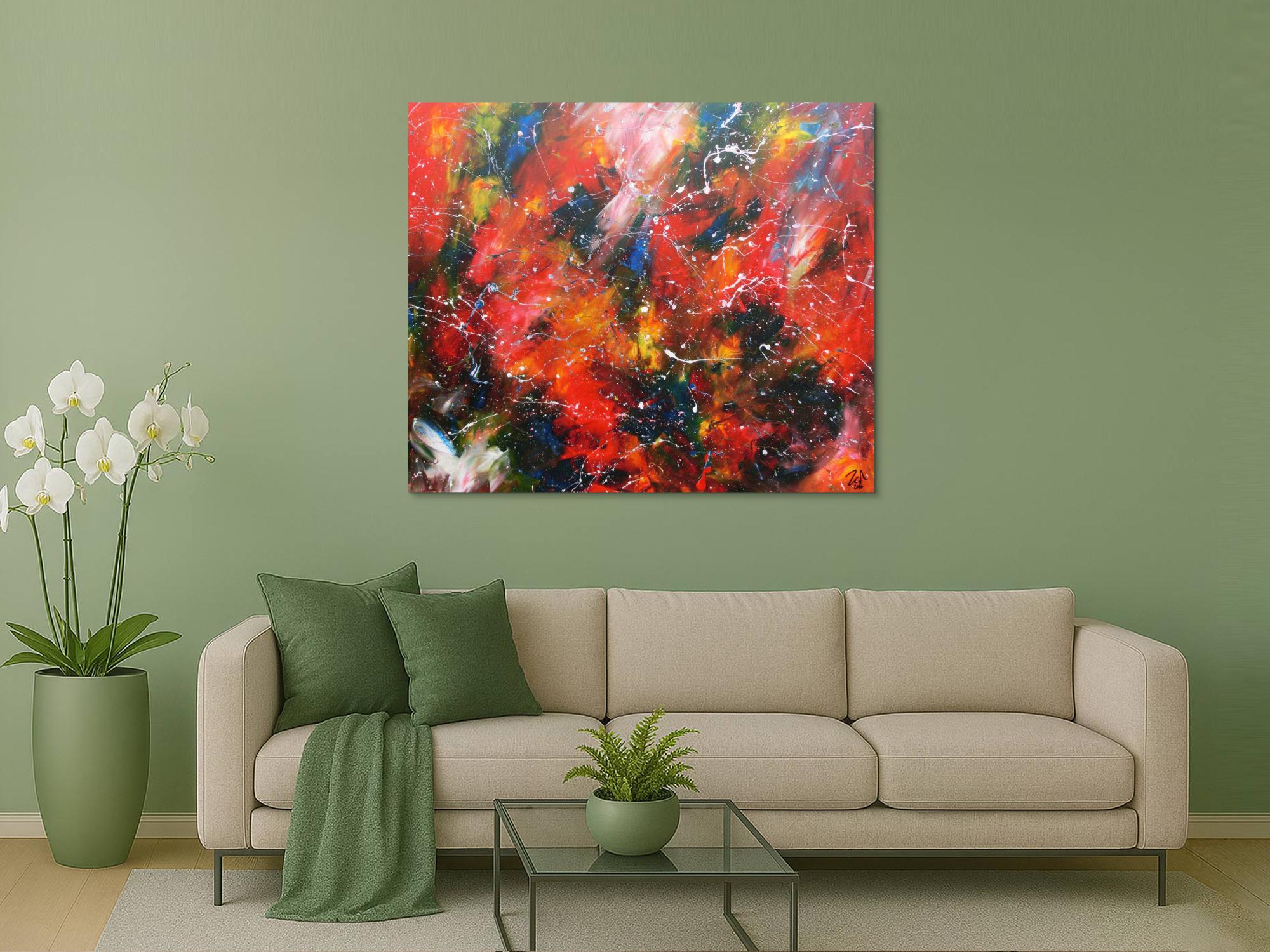 Modernes Acrylgemälde abstrakt bunt mit viel rot und blau