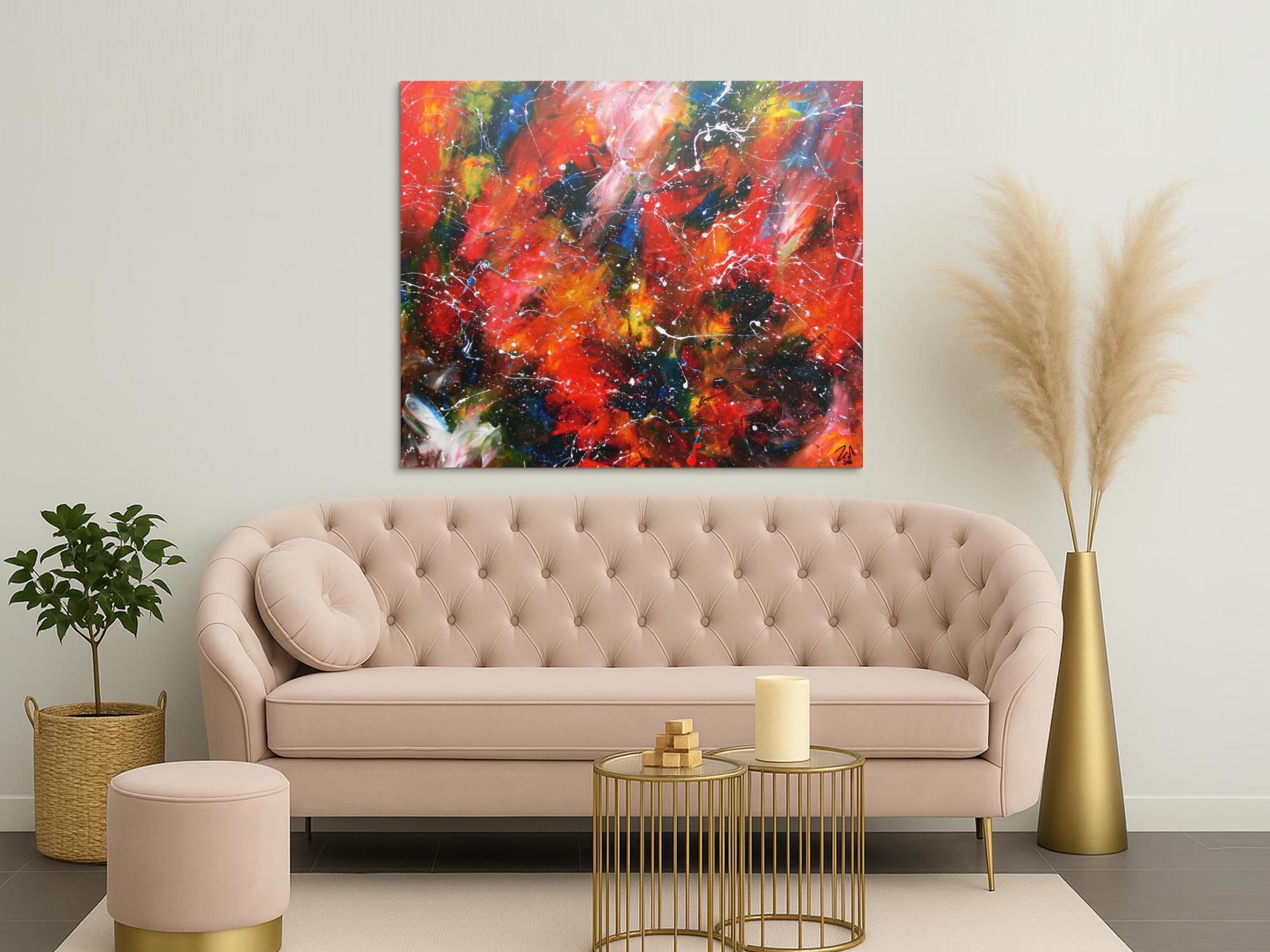 Modernes Acrylgemälde abstrakt bunt mit viel rot und blau