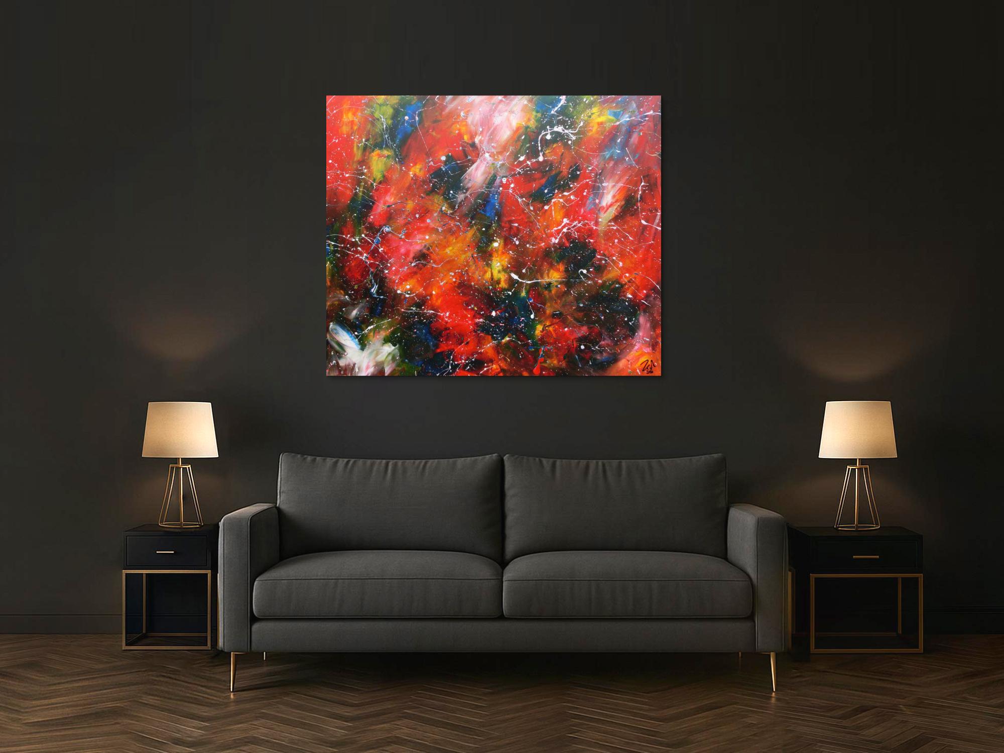 Modernes Acrylgemälde abstrakt bunt mit viel rot und blau