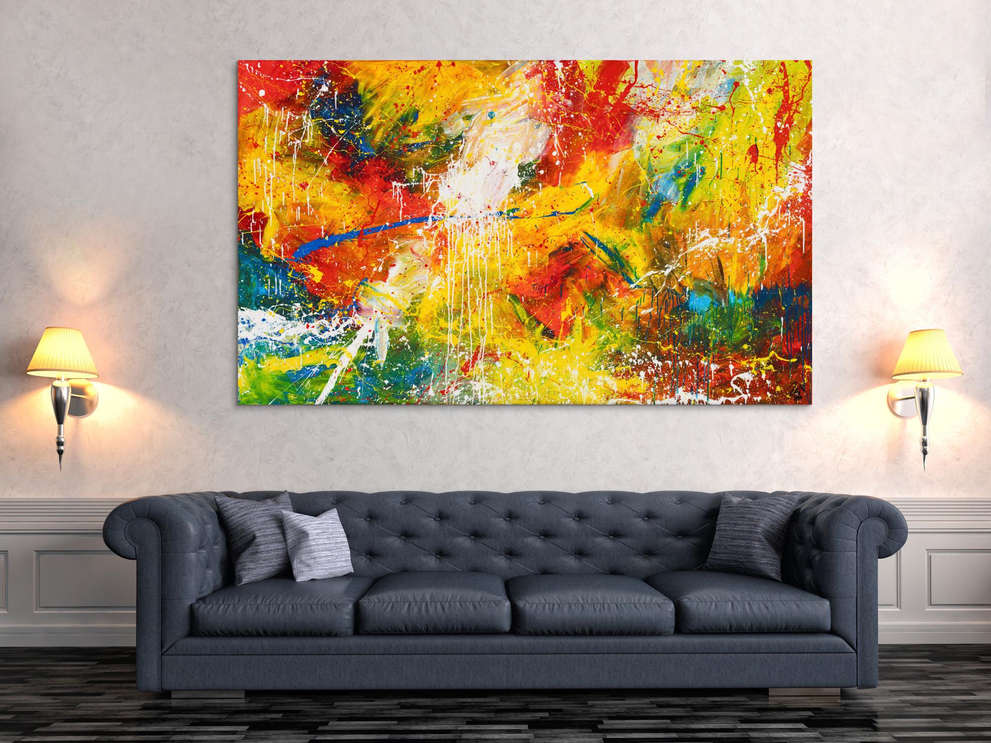 Abstraktes Original Gemälde 120x200cm Action Painting Moderne Kunst handgemalt Mischtechnik bunt rot gelb einzigartig