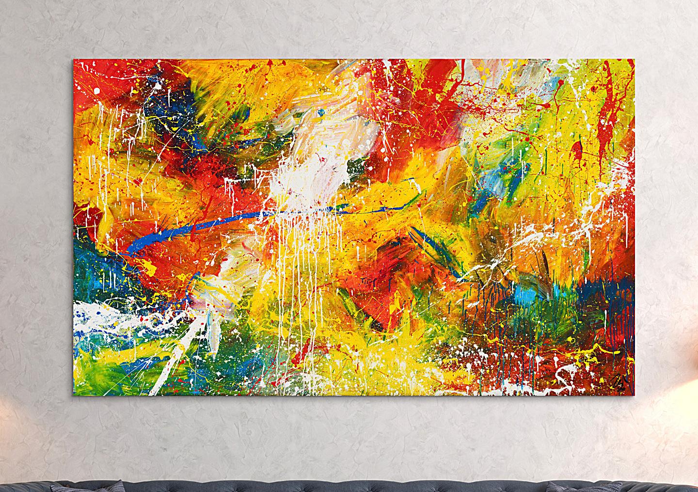 Abstraktes Original Gemälde 120x200cm Action Painting Moderne Kunst handgemalt Mischtechnik bunt rot gelb einzigartig