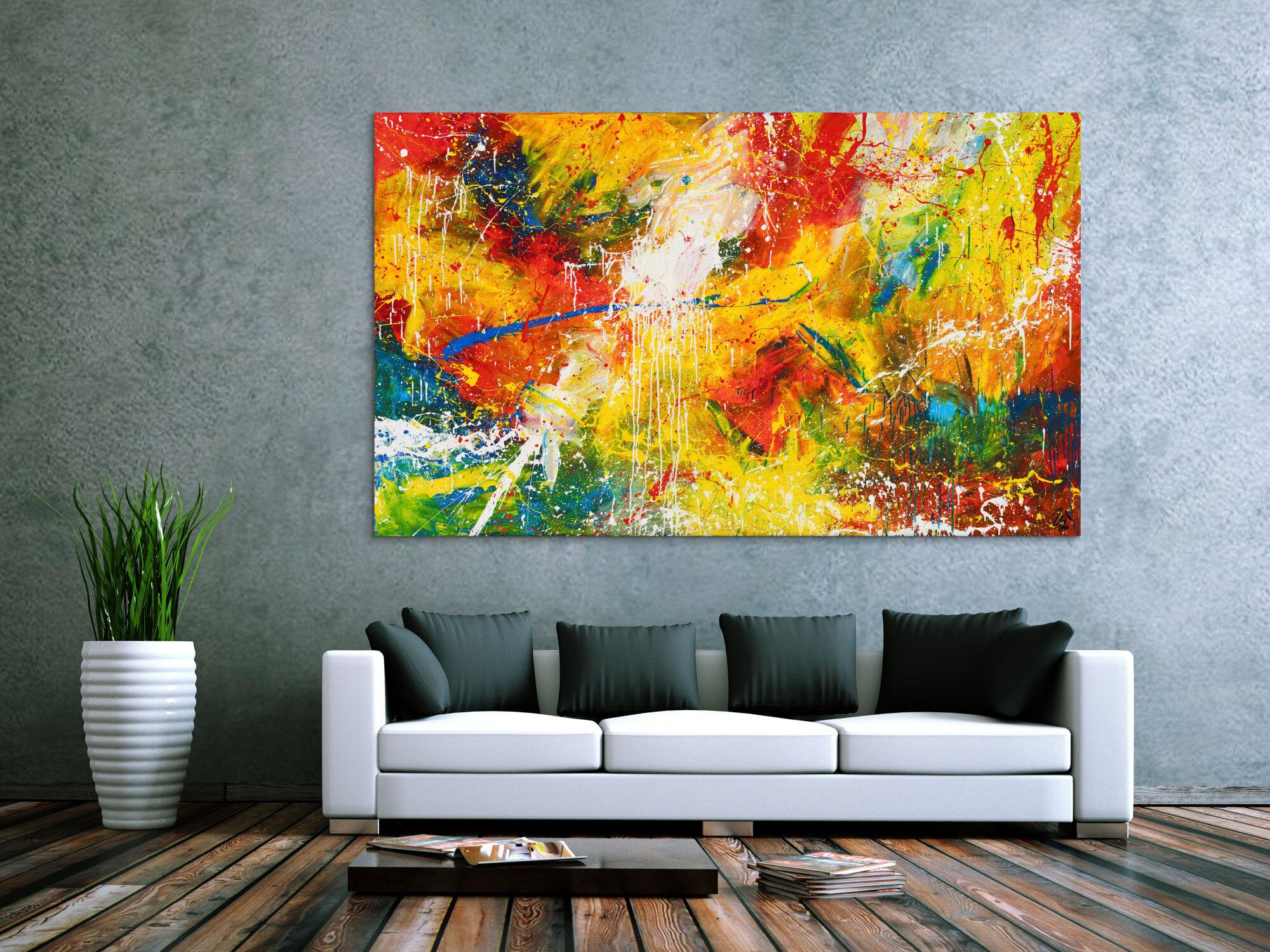 Abstraktes Original Gemälde 120x200cm Action Painting Moderne Kunst handgemalt Mischtechnik bunt rot gelb einzigartig