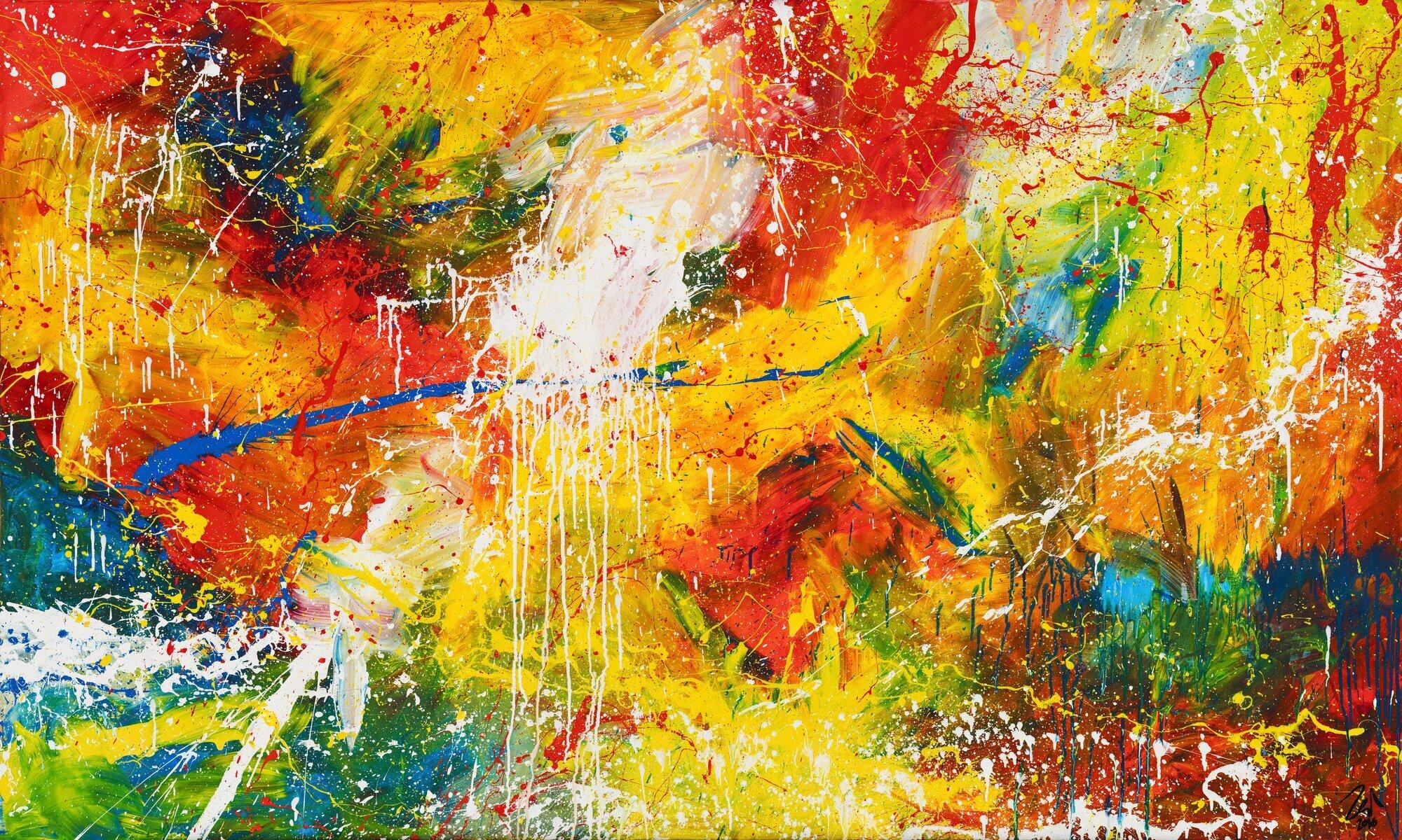 Abstraktes Original Gemälde 120x200cm Action Painting Moderne Kunst handgemalt Mischtechnik bunt rot gelb einzigartig