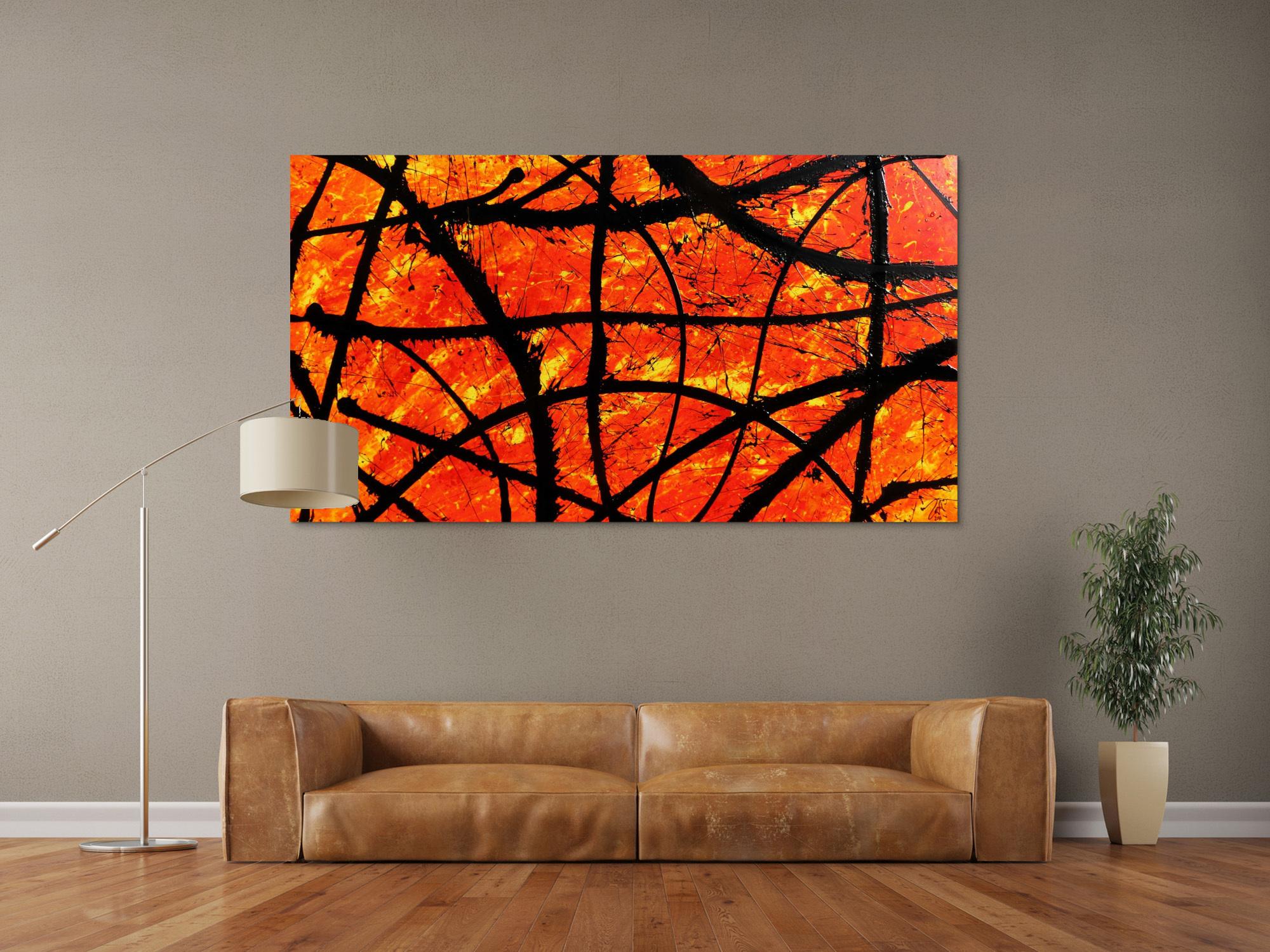Modernes abstraktes Acryl Gemälde in orange und schwarz
