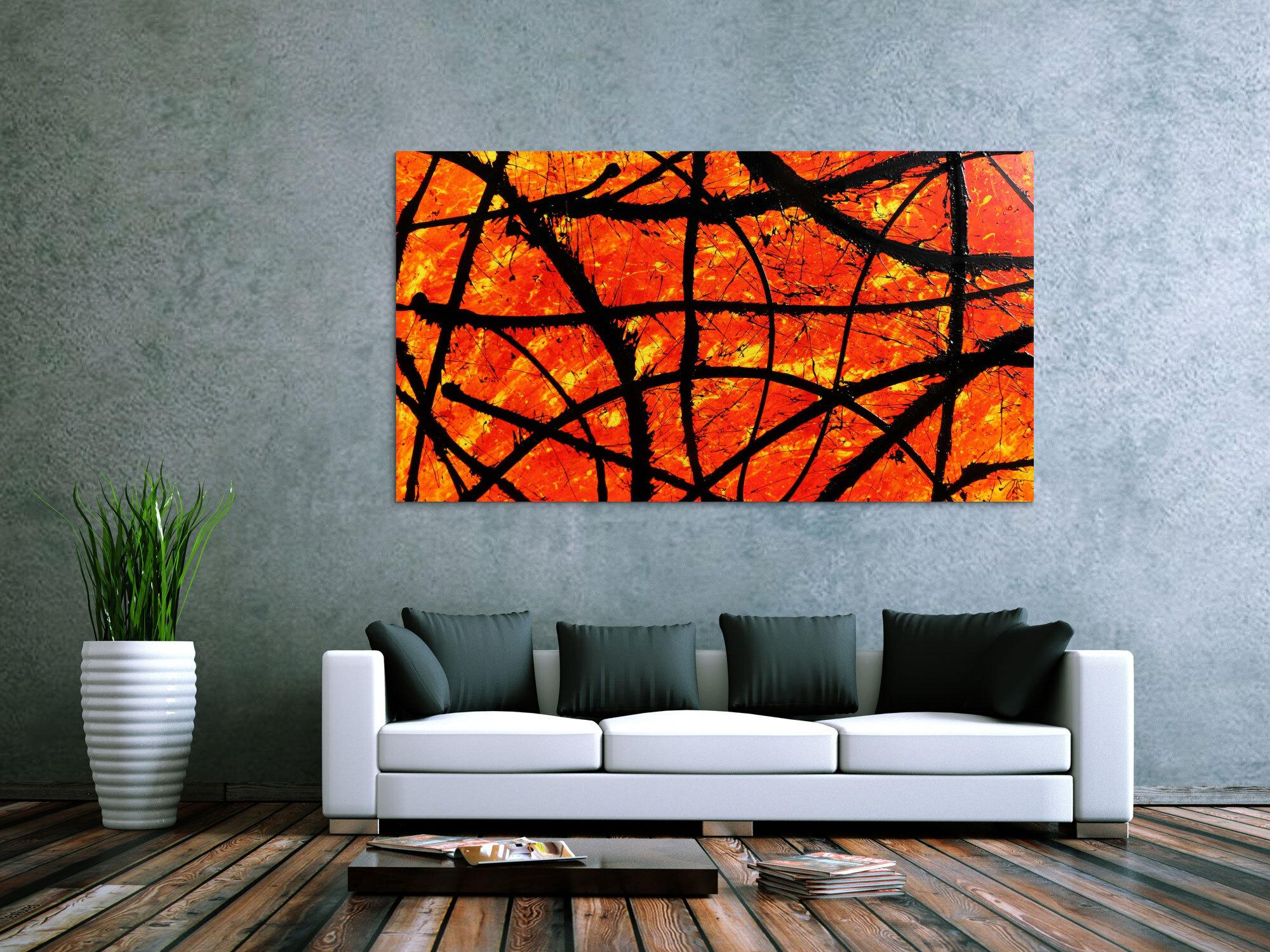 Modernes abstraktes Acryl Gemälde in orange und schwarz
