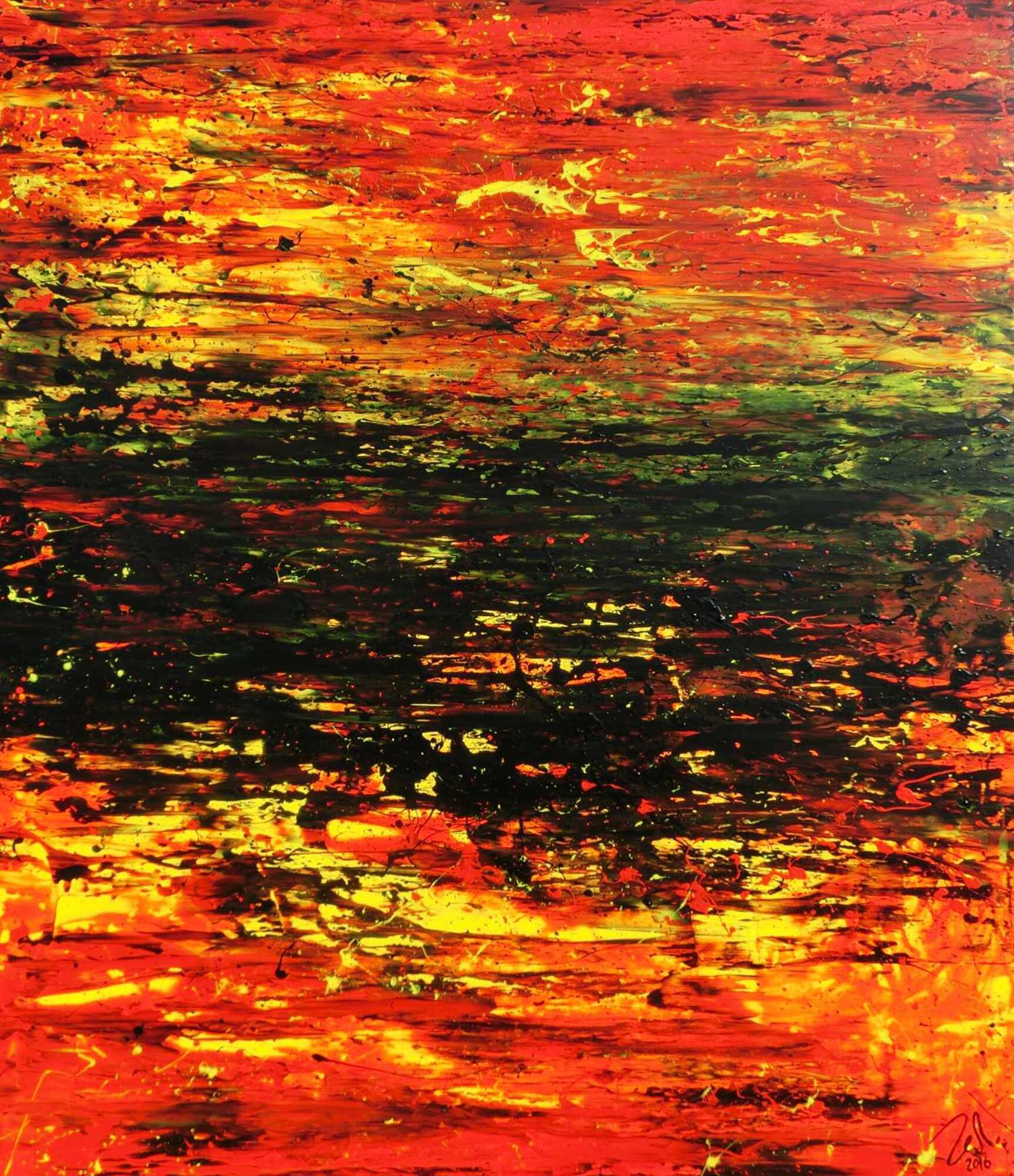 Abstraktes Acrylgemälde sehr modern in rot schwarz und gelb