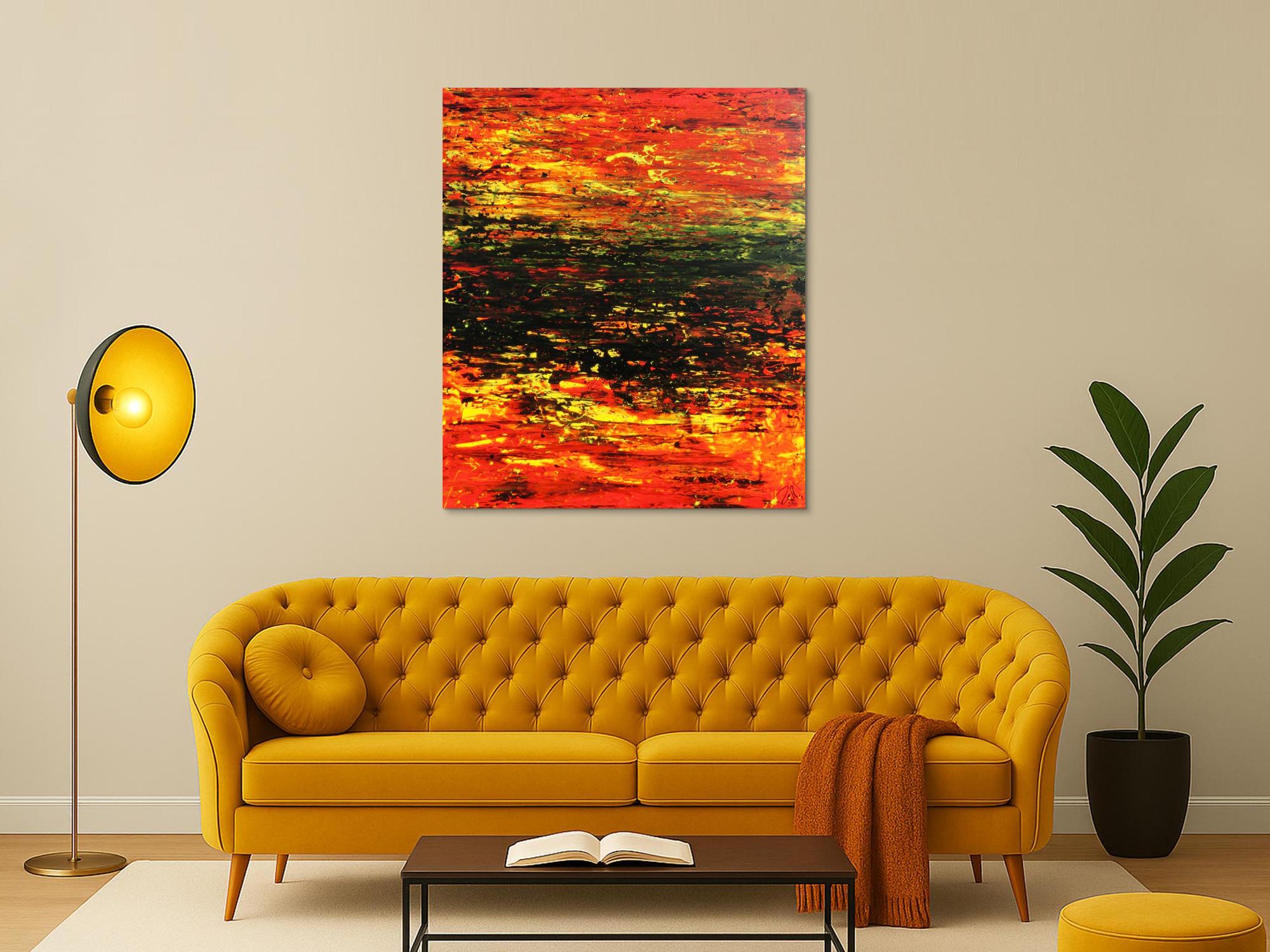 Abstraktes Acrylgemälde sehr modern in rot schwarz und gelb