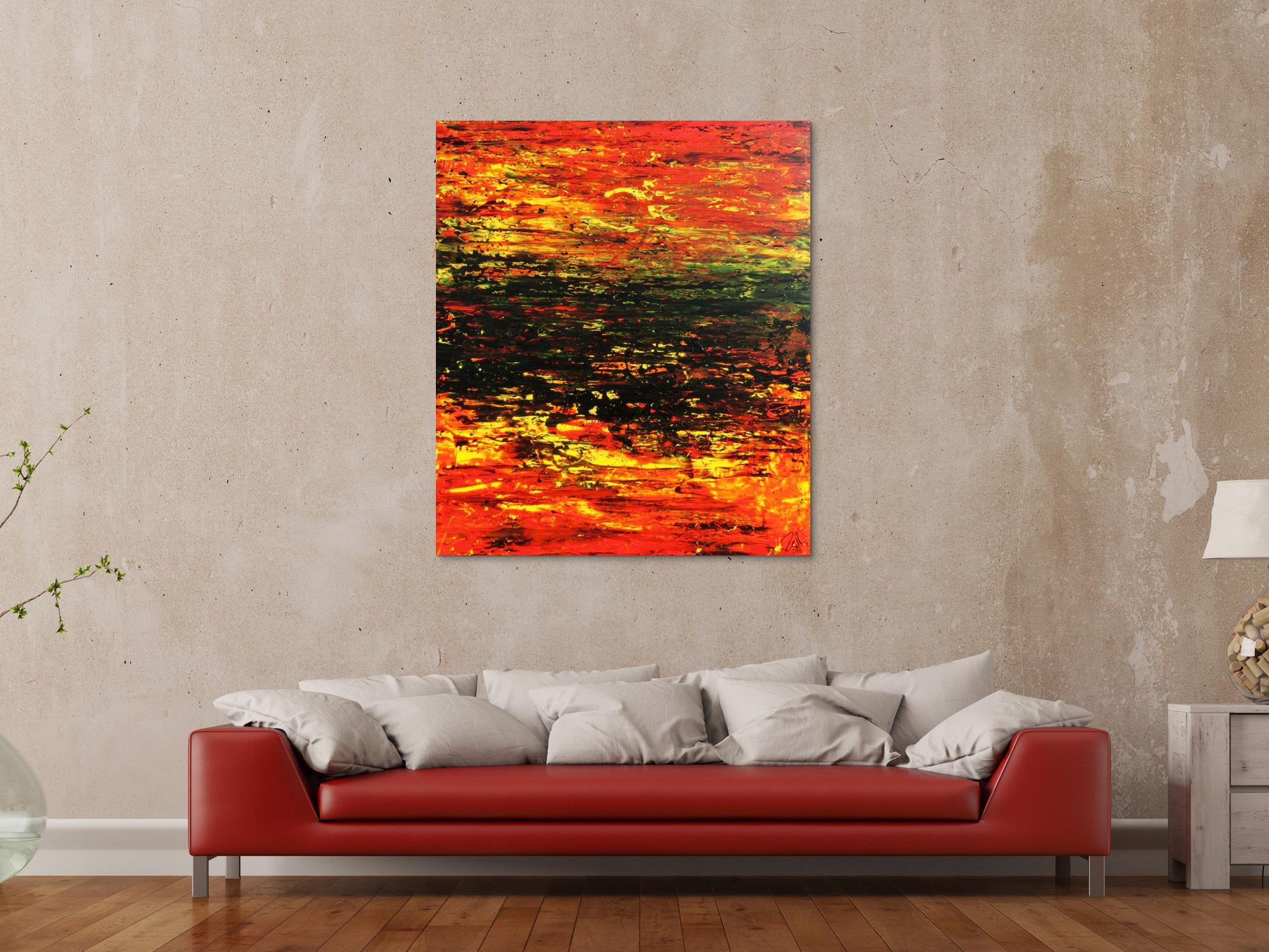 Abstraktes Acrylgemälde sehr modern in rot schwarz und gelb